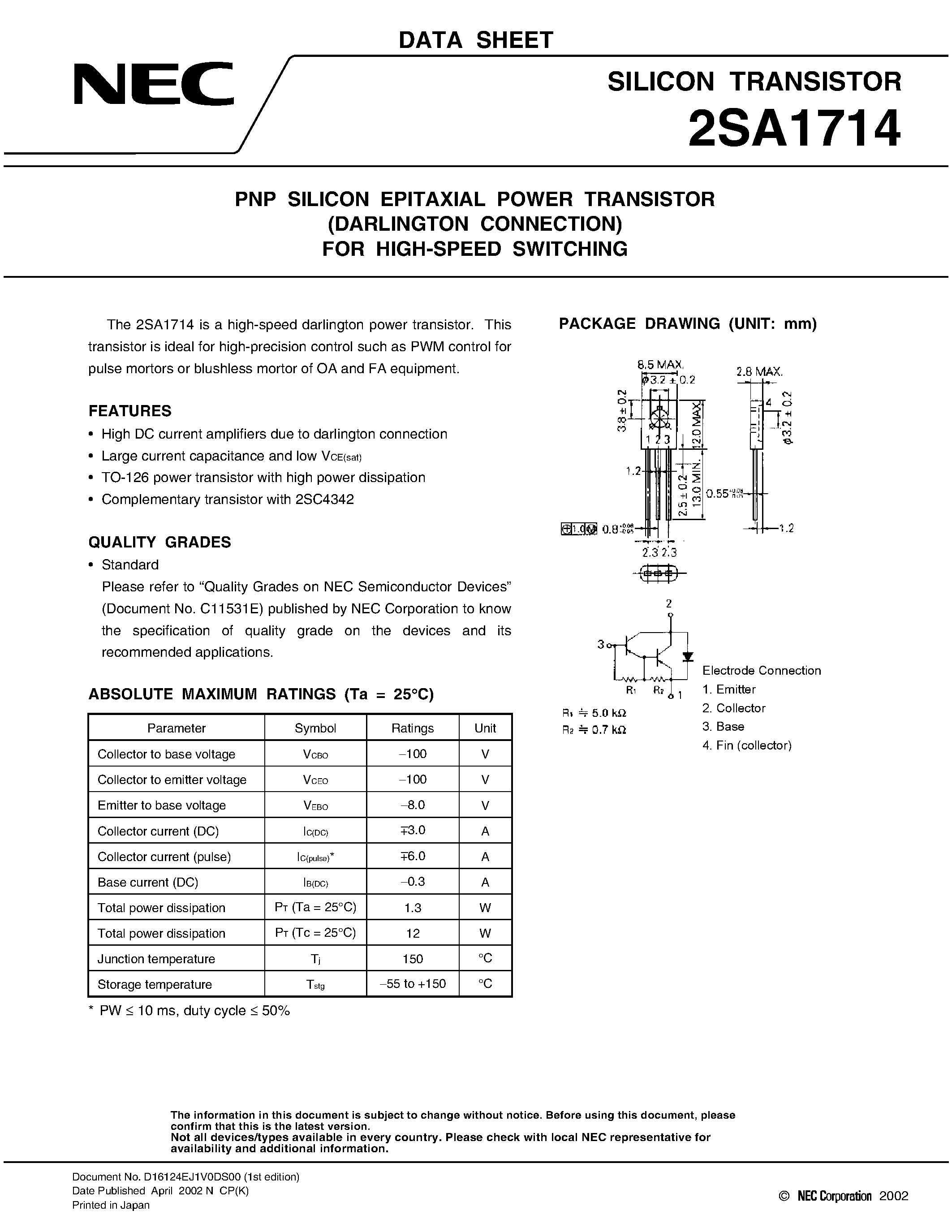 Datasheet 2SA1714 - PNP SILICON EPITAXIAL POWER TRANSISTOR page 1