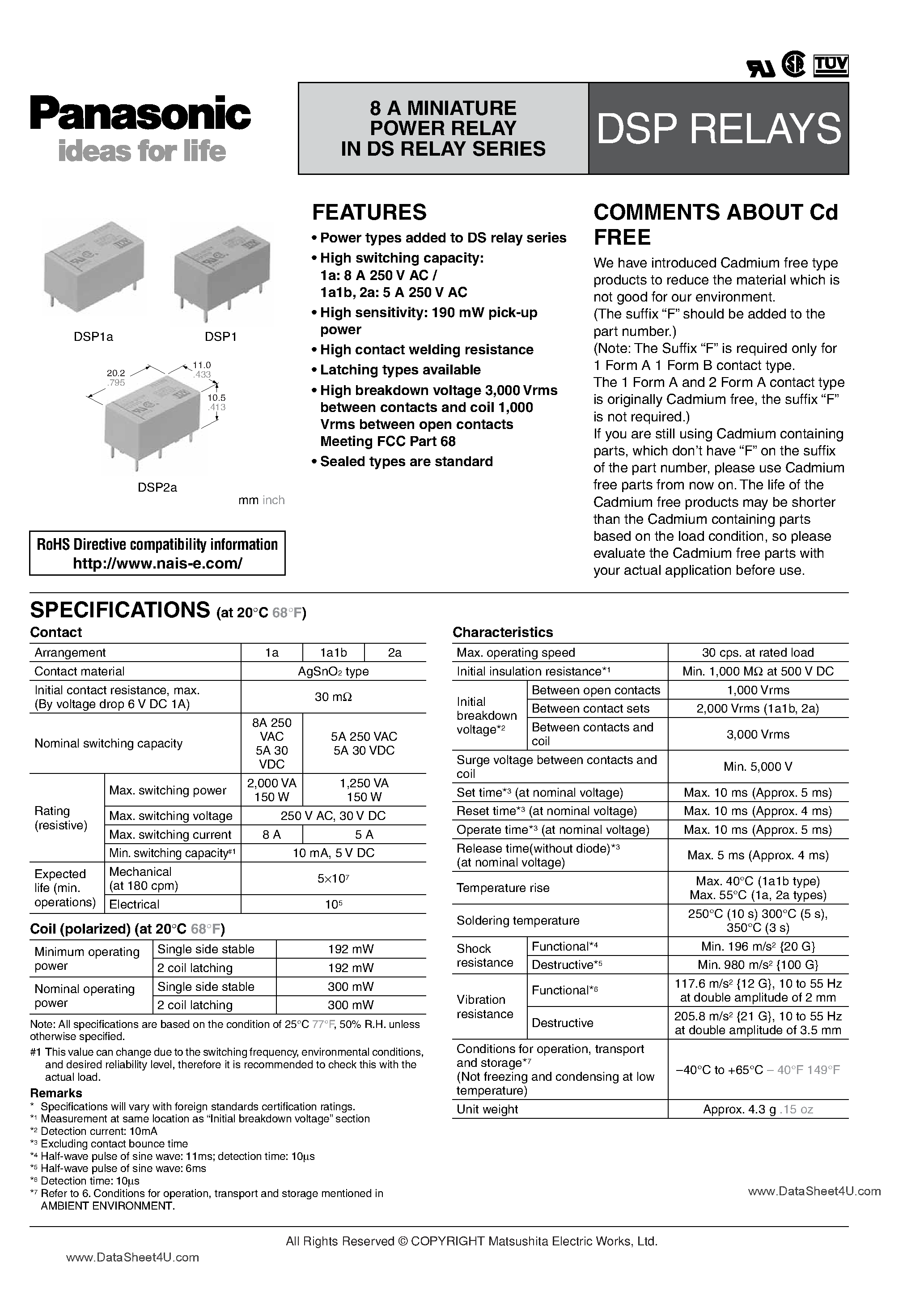 Даташит DSP1-xxxxV - (DSP Relays) Power Relay страница 1