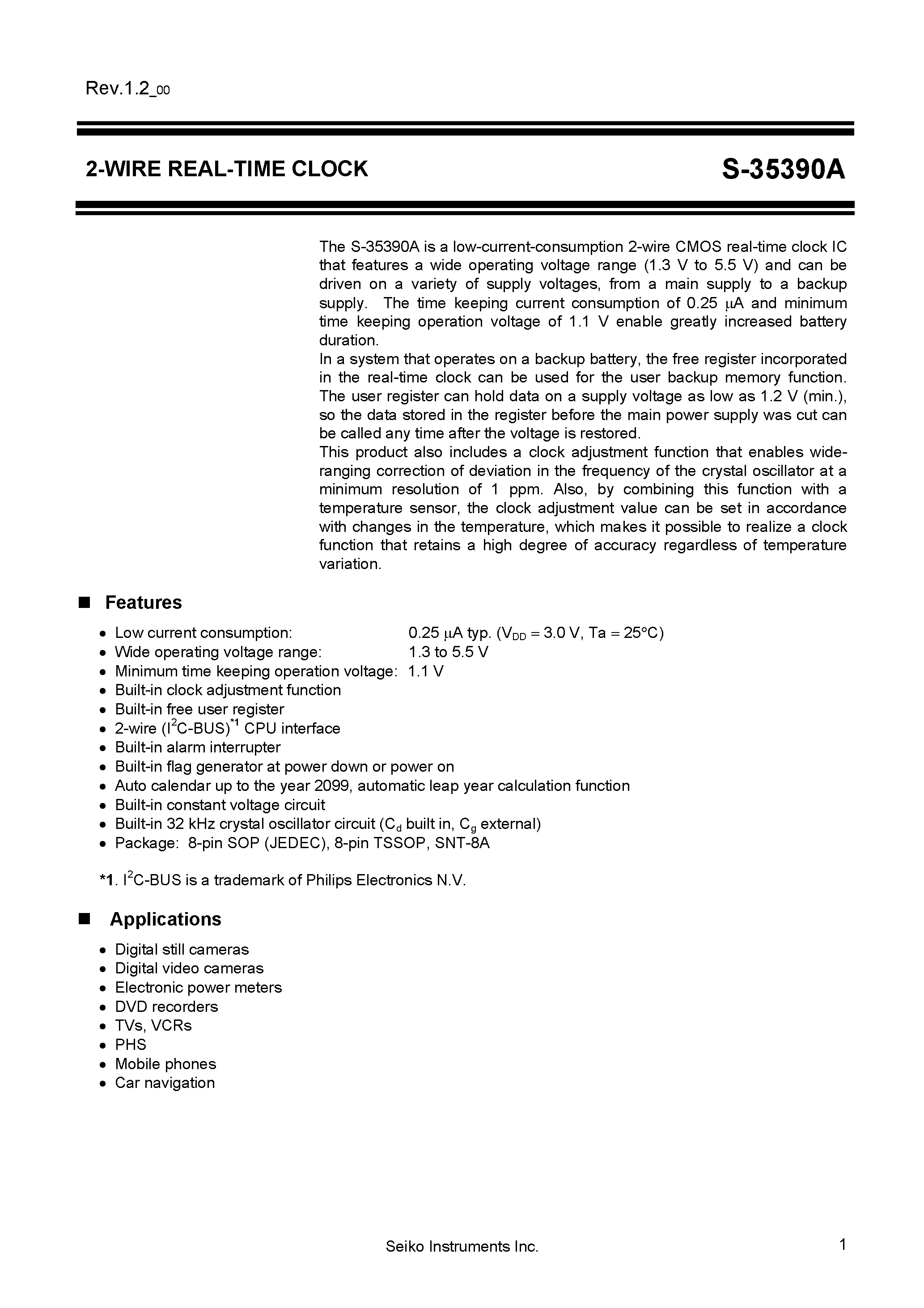 Datasheet S35390A page 1 Datasheet S35390A - 2-Wire Real Time Clock page 1