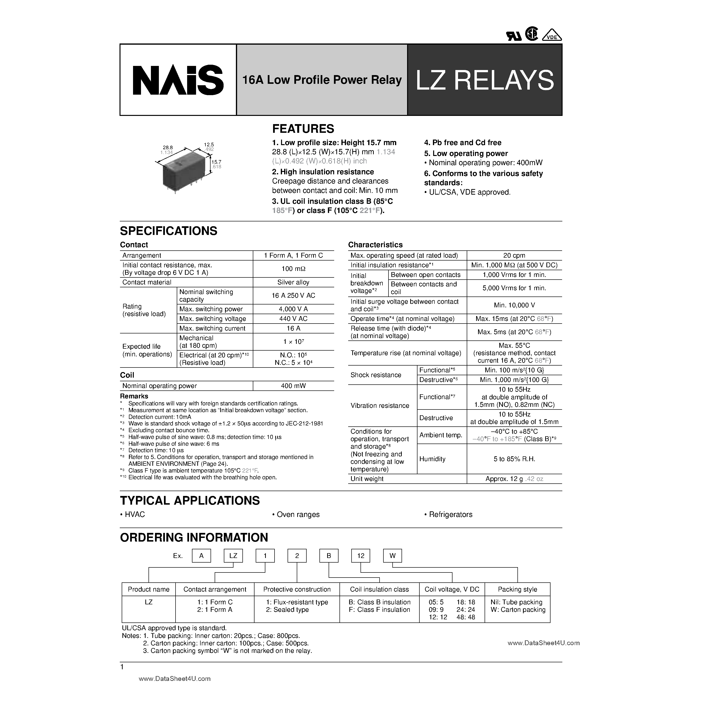 Даташит ALZ11Bxx - (LZ Relays) 16A Low Profile Power Relay страница 1