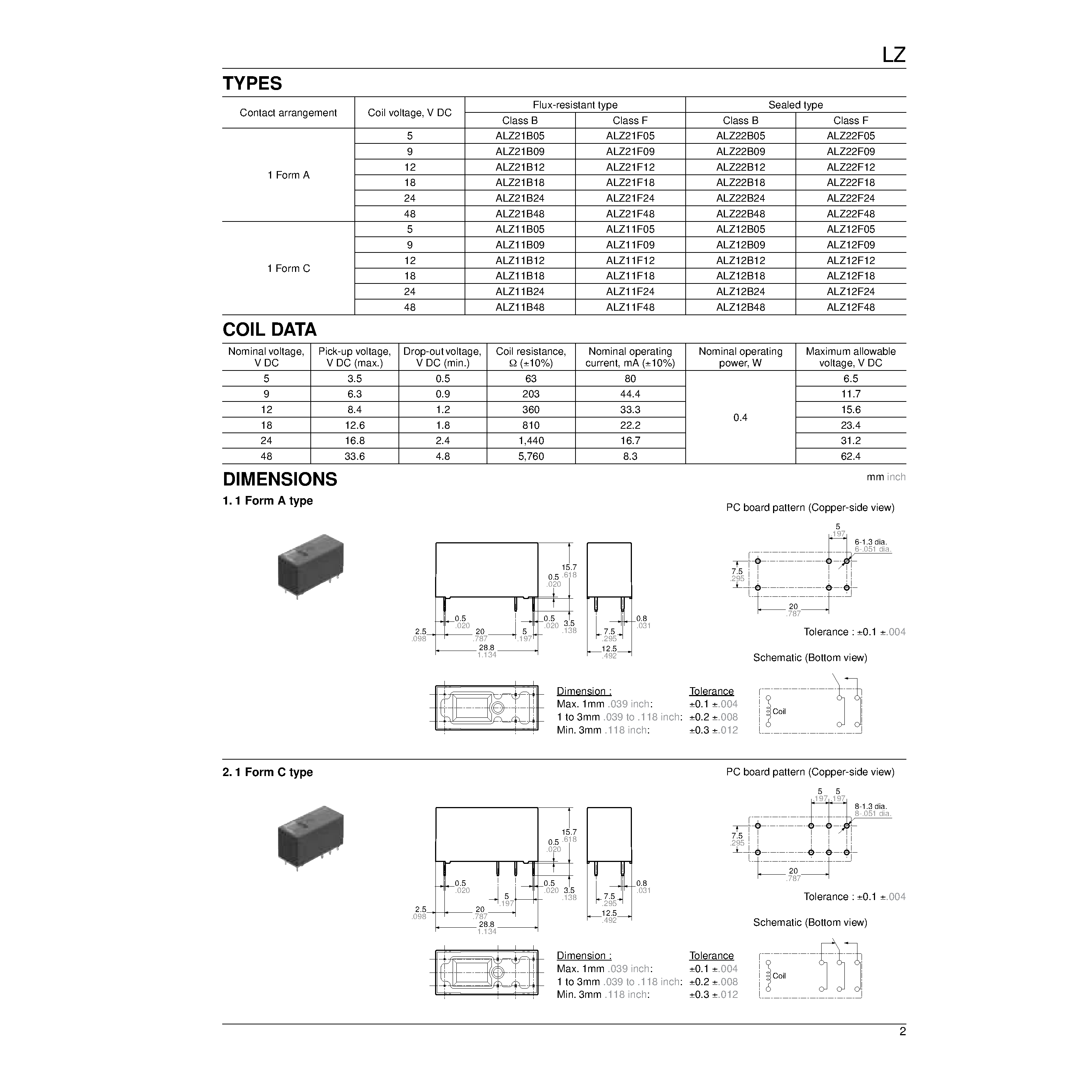 Datasheet ALZ11Bxx - (LZ Relays) 16A Low Profile Power Relay page 2