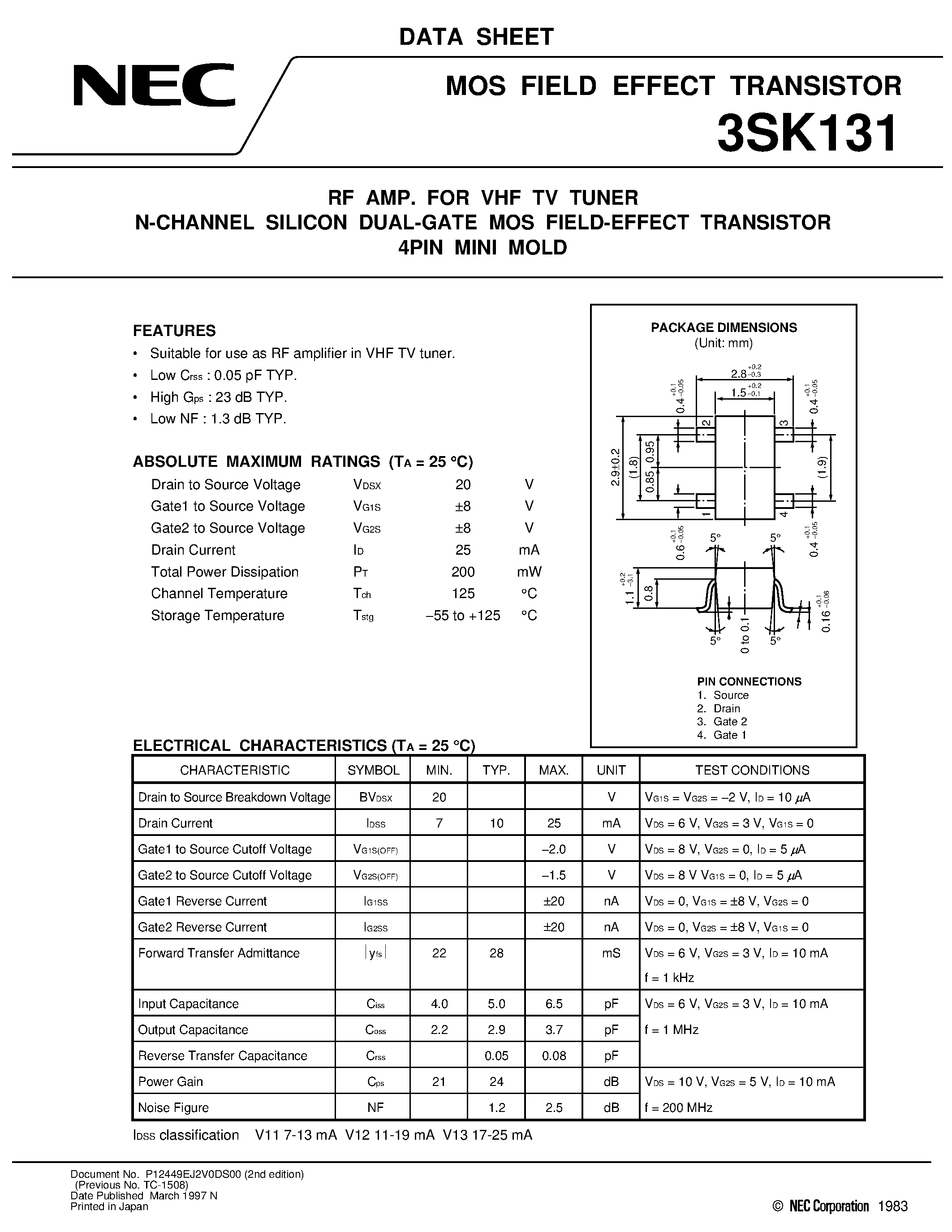 Даташит 3SK131 - MOS FIELD EFFECT TRANSISTOR страница 1