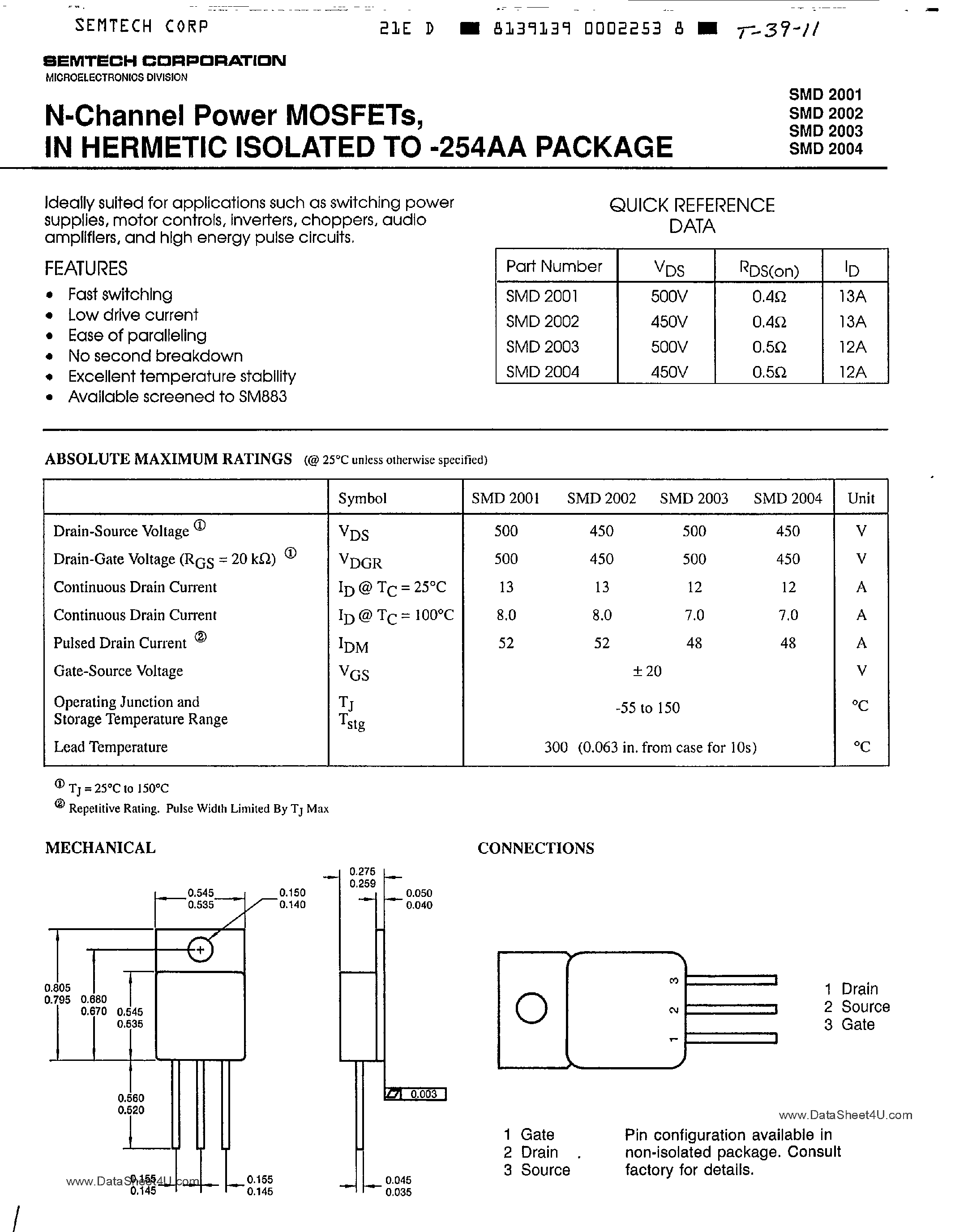 Datasheet SMD2001 page 1 Datasheet SMD2001 - (SMD2001 - SMD2004) N-Channel Power MOSFET page 1