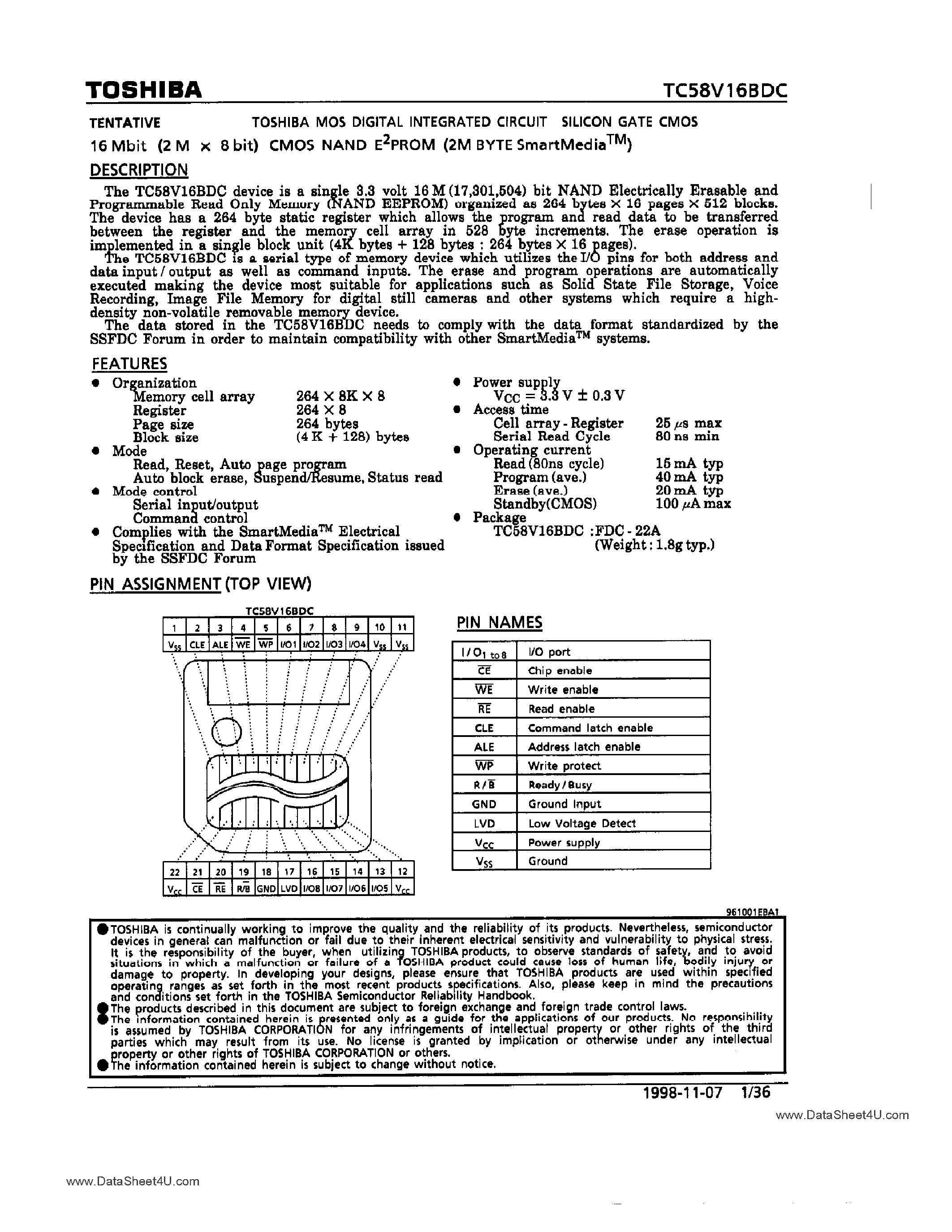 Datasheet TC58V16BDC page 1 Datasheet TC58V16BDC - 16M-Bit CMOS NAND EPROM page 1