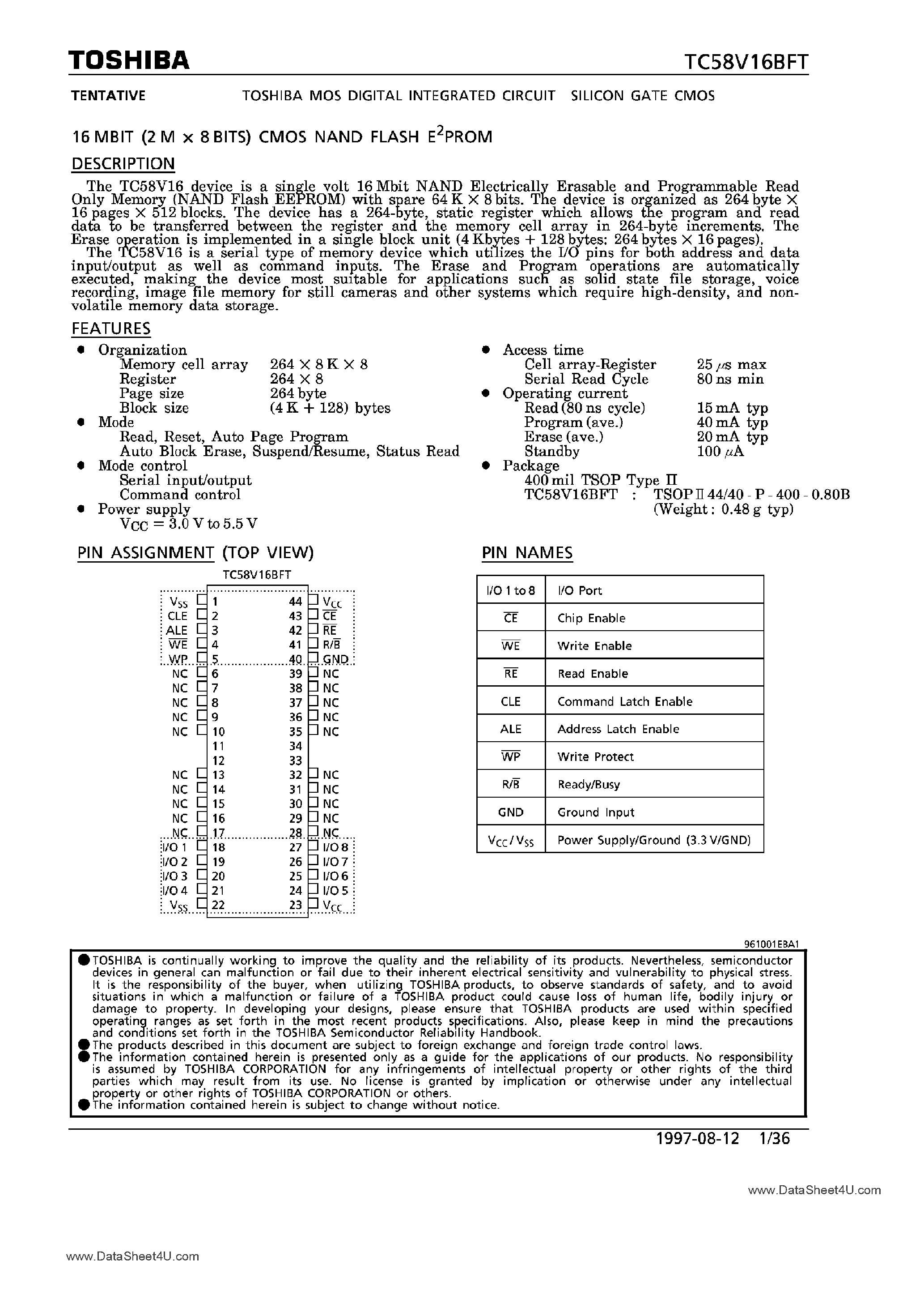 Datasheet TC58V16BFT page 1 Datasheet TC58V16BFT - 16M-Bit CMOS NAND Flash EPROM page 1
