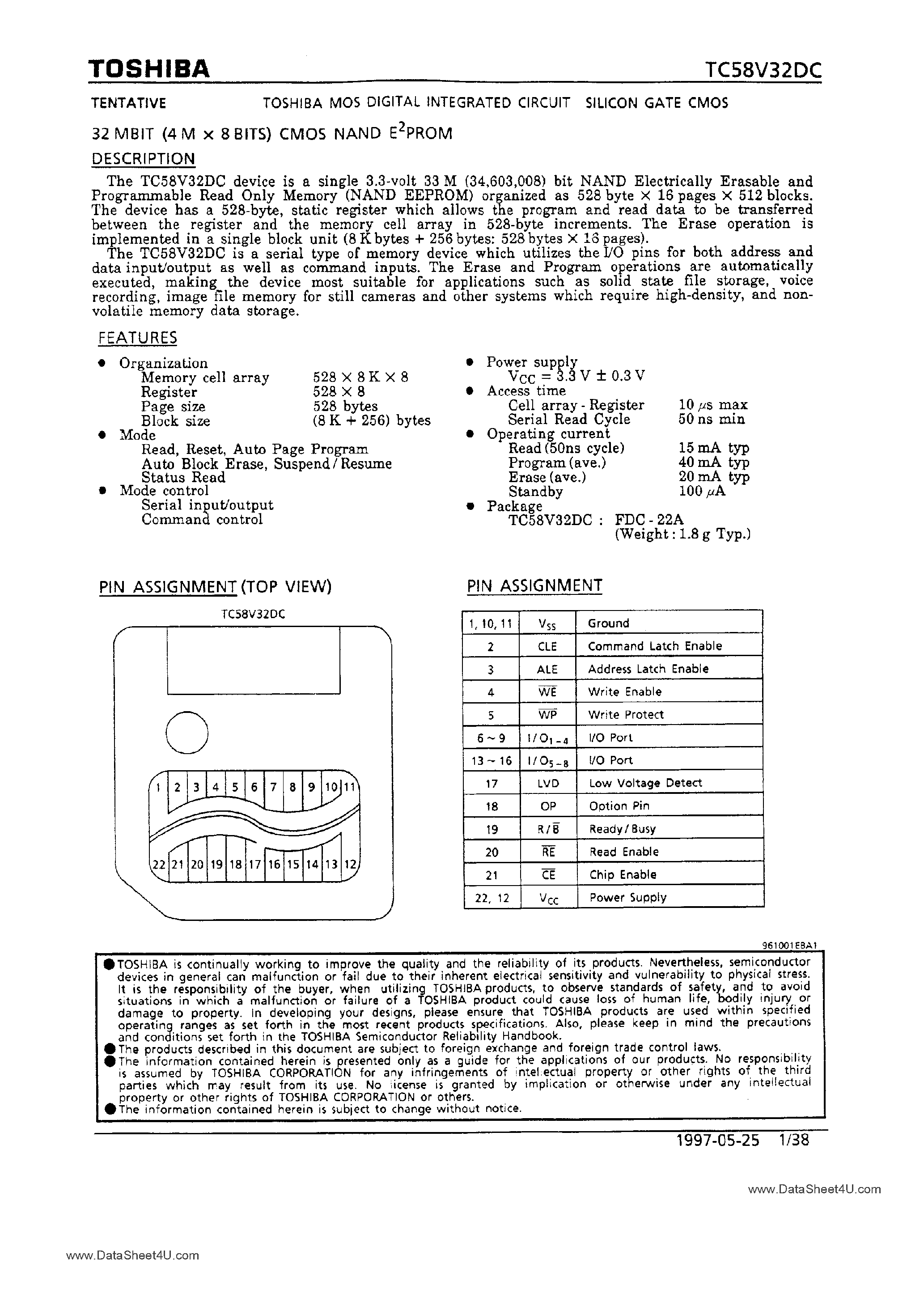 Datasheet TC58V32DC page 1 Datasheet TC58V32DC - 32M-Bit CMOS NAND EPROM page 1