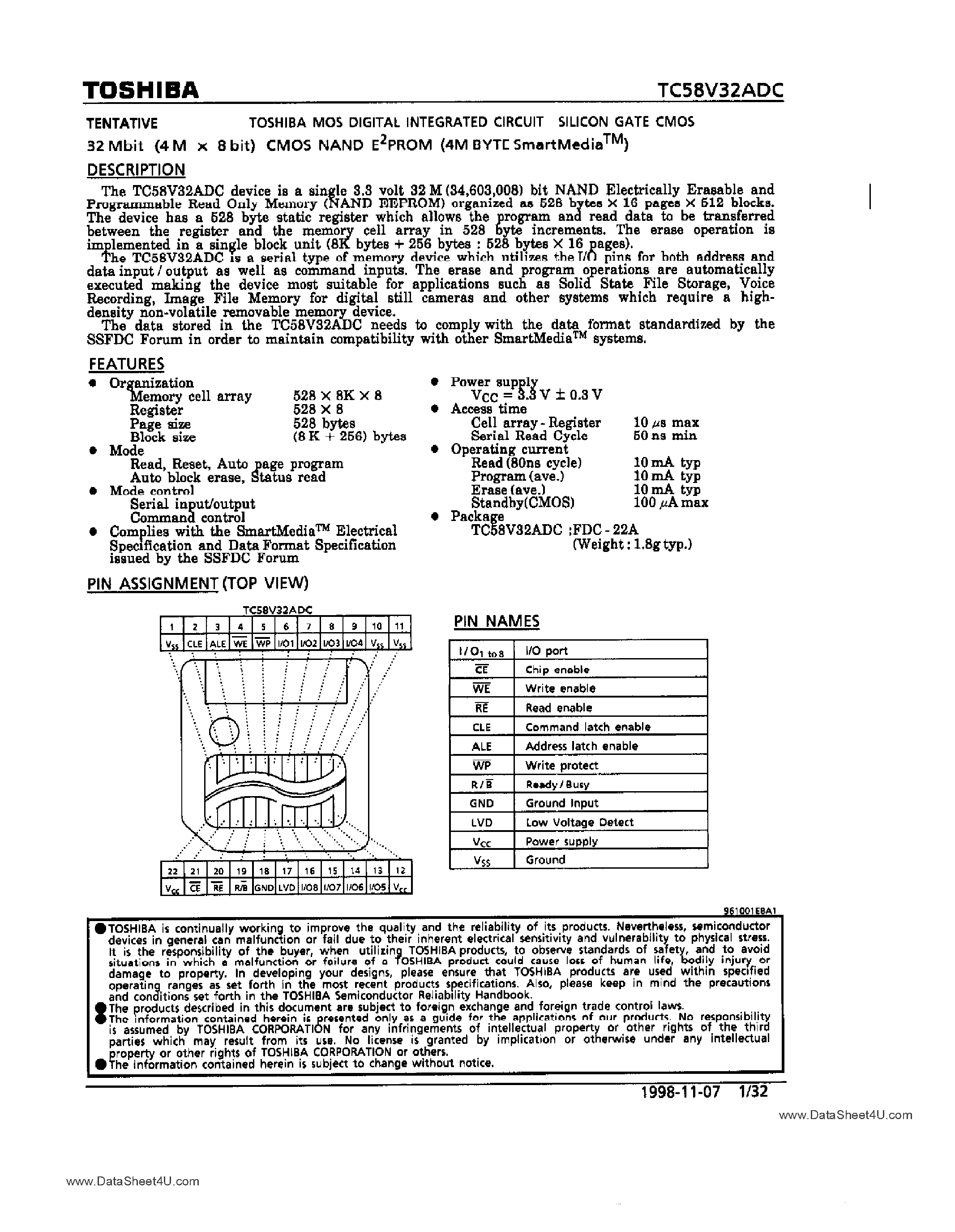 Datasheet TC58V32ADC page 1 Datasheet TC58V32ADC - 32M-Bit CMOS NAND EPROM page 1