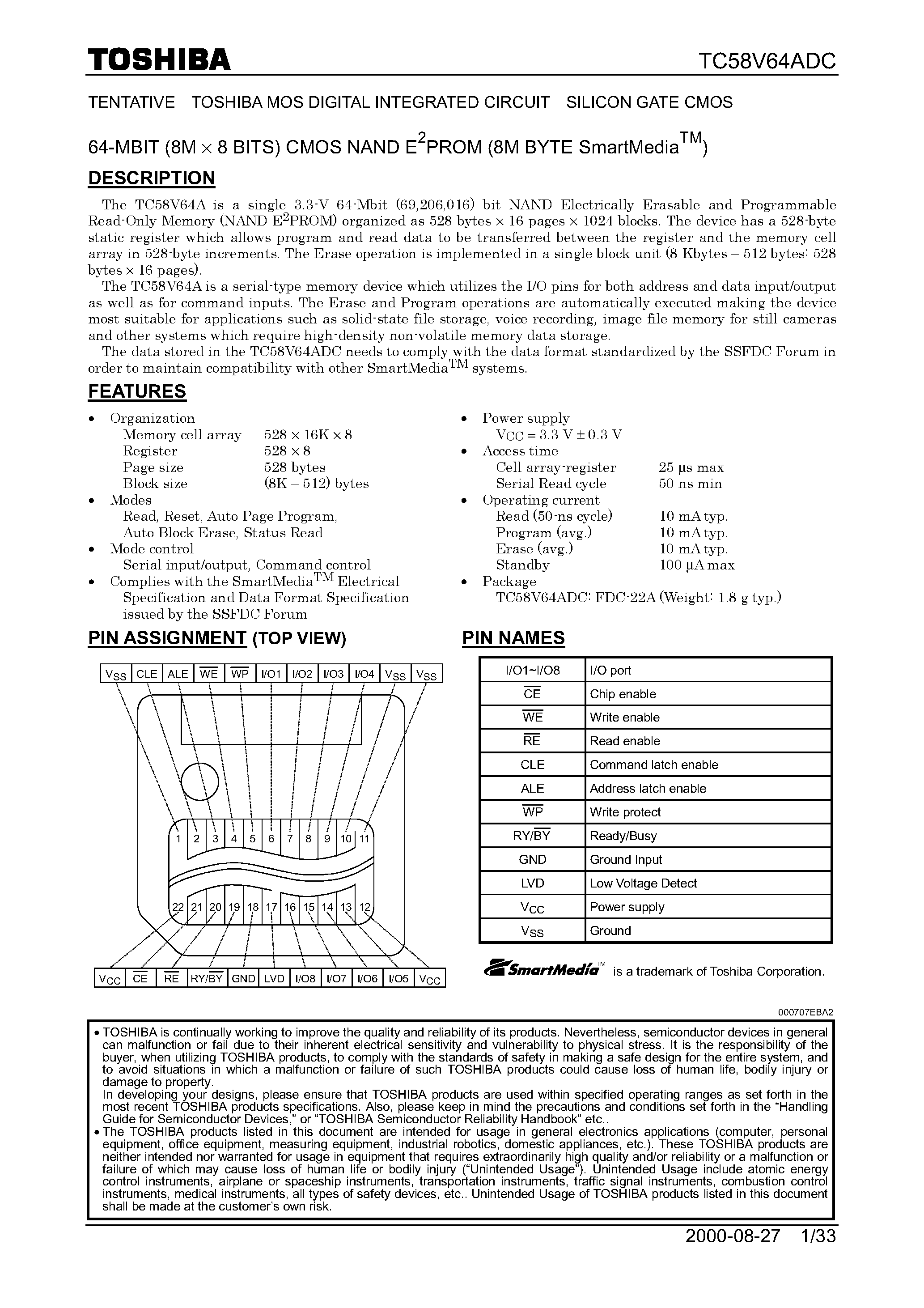 Datasheet TC58V64ADC page 1 Datasheet TC58V64ADC - 64M-Bit CMOS NAND EPROM page 1