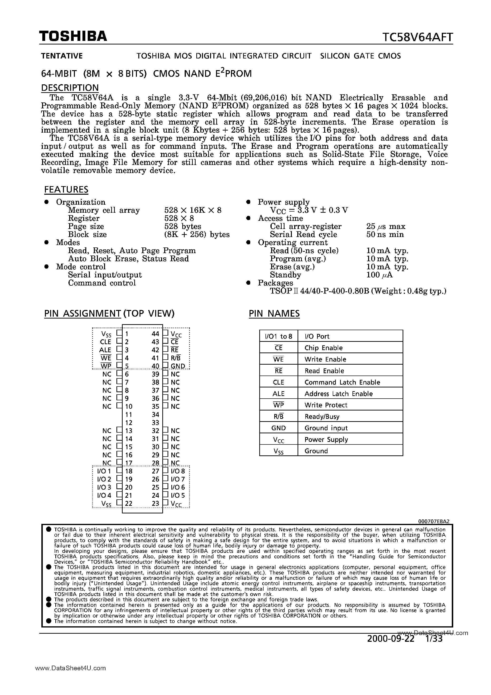 Datasheet TC58V64AFT page 1 Datasheet TC58V64AFT - 64M-Bit CMOS NAND EPROM page 1