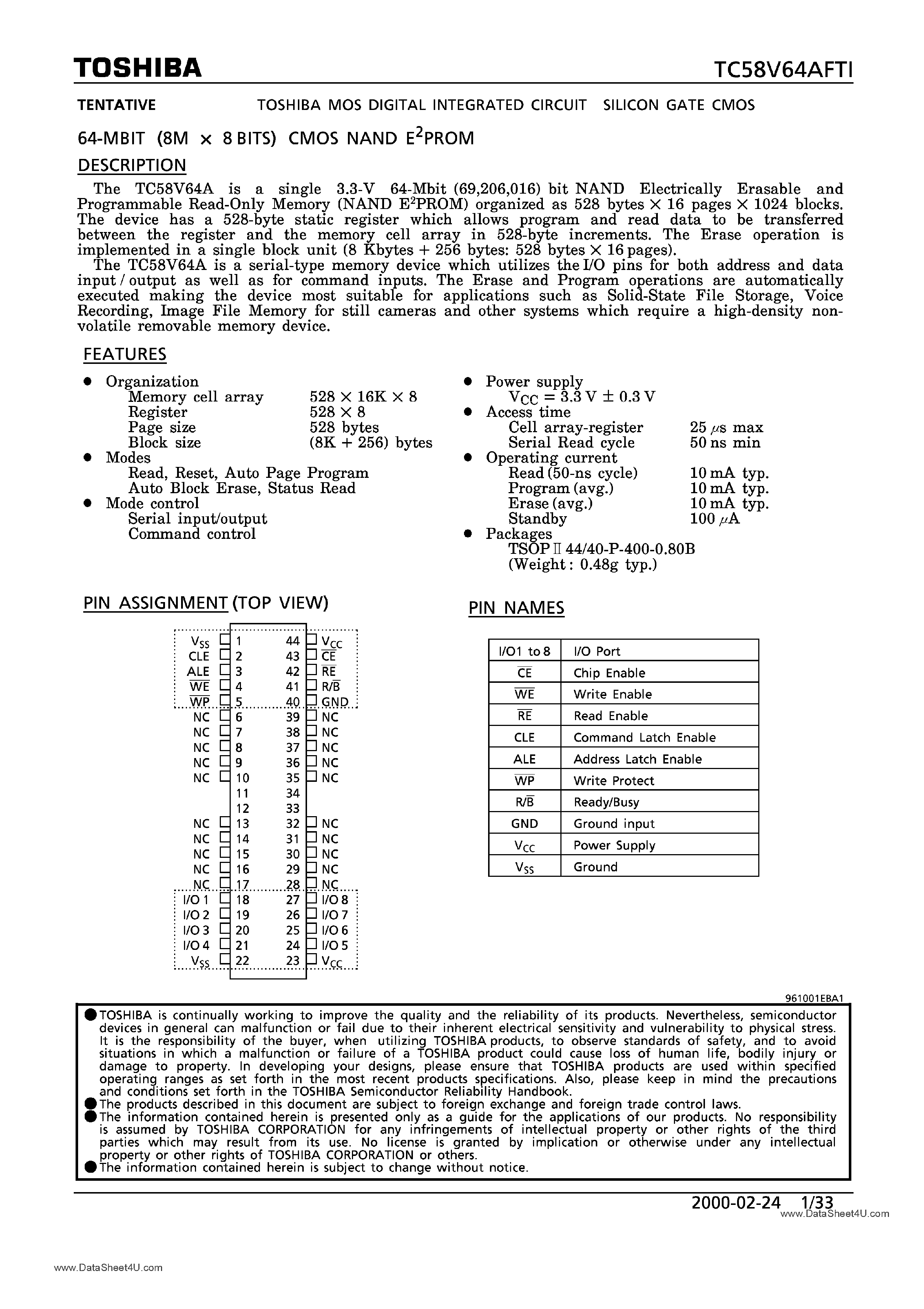 Даташит TC58V64AFTI - 64M-Bit CMOS NAND EPROM страница 1