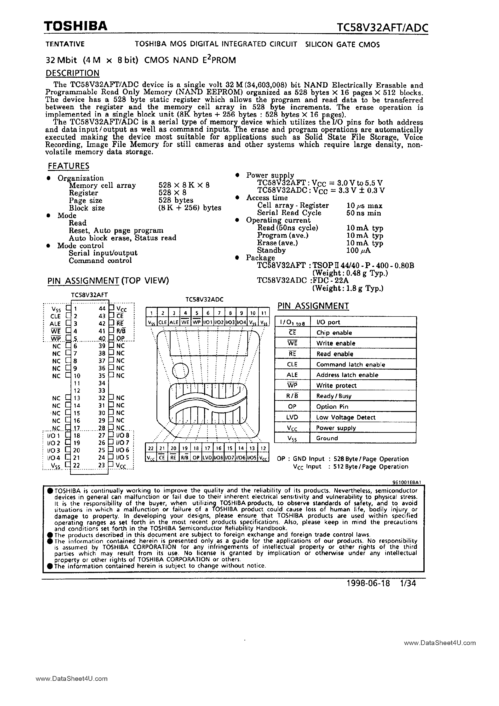 Datasheet TC58V32AFT - (TC58V32ADC/AFT) 32M-Bit CMOS NAND EPROM page 1