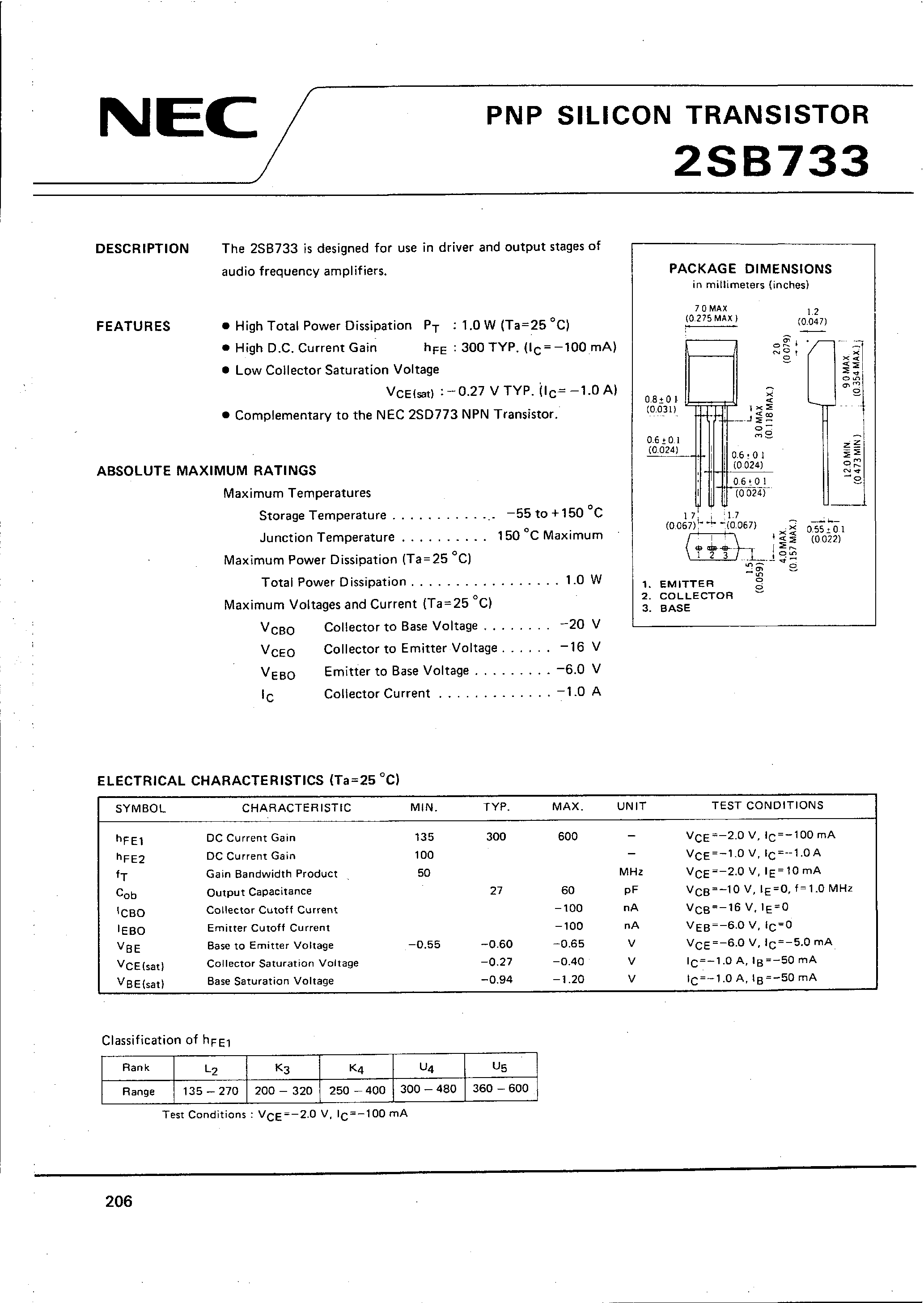 Даташит 2SB733 - PNP SILICON TRANSISTOR страница 1