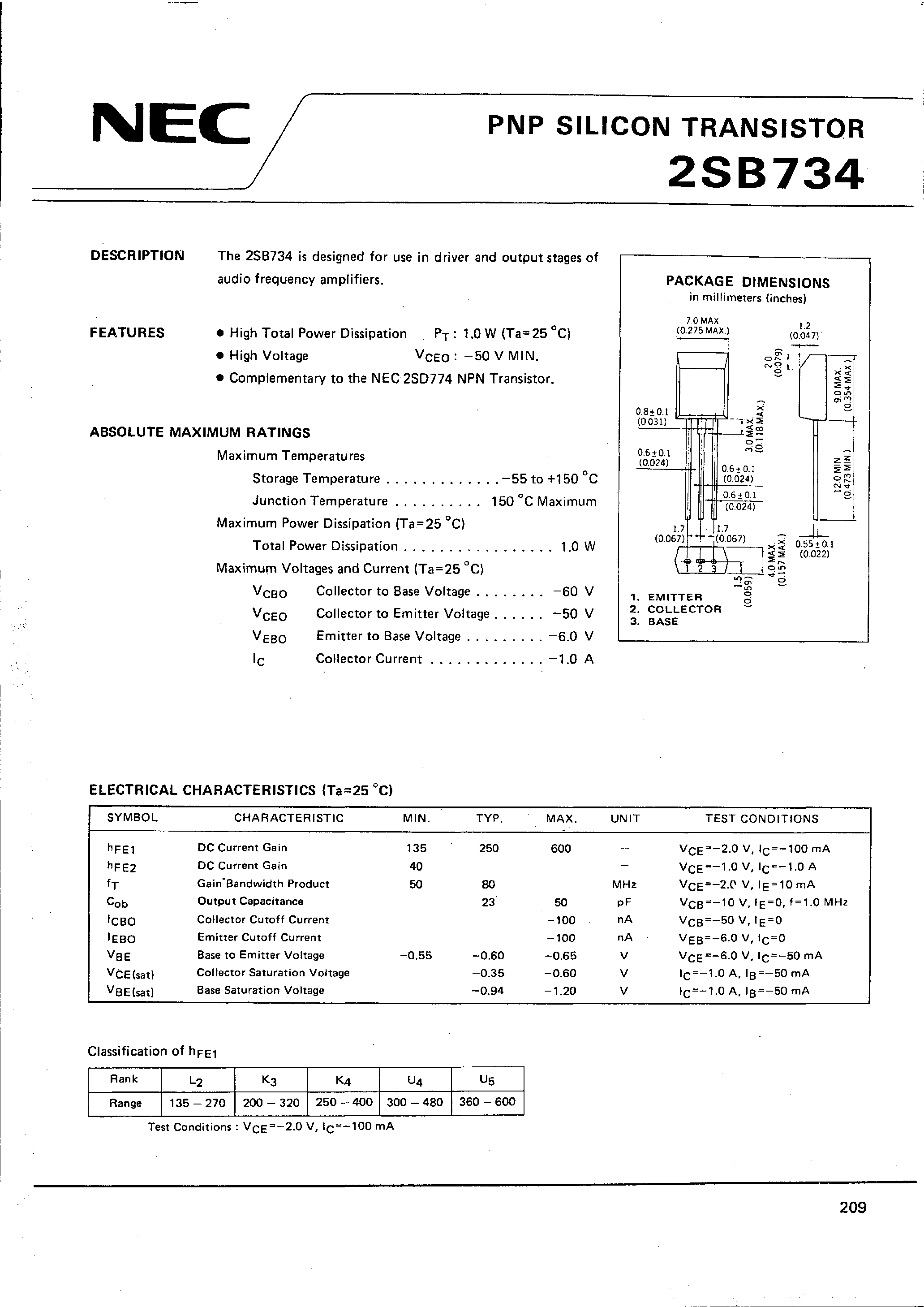 Даташит 2SB734 - PNP SILICON TRANSISTOR страница 1