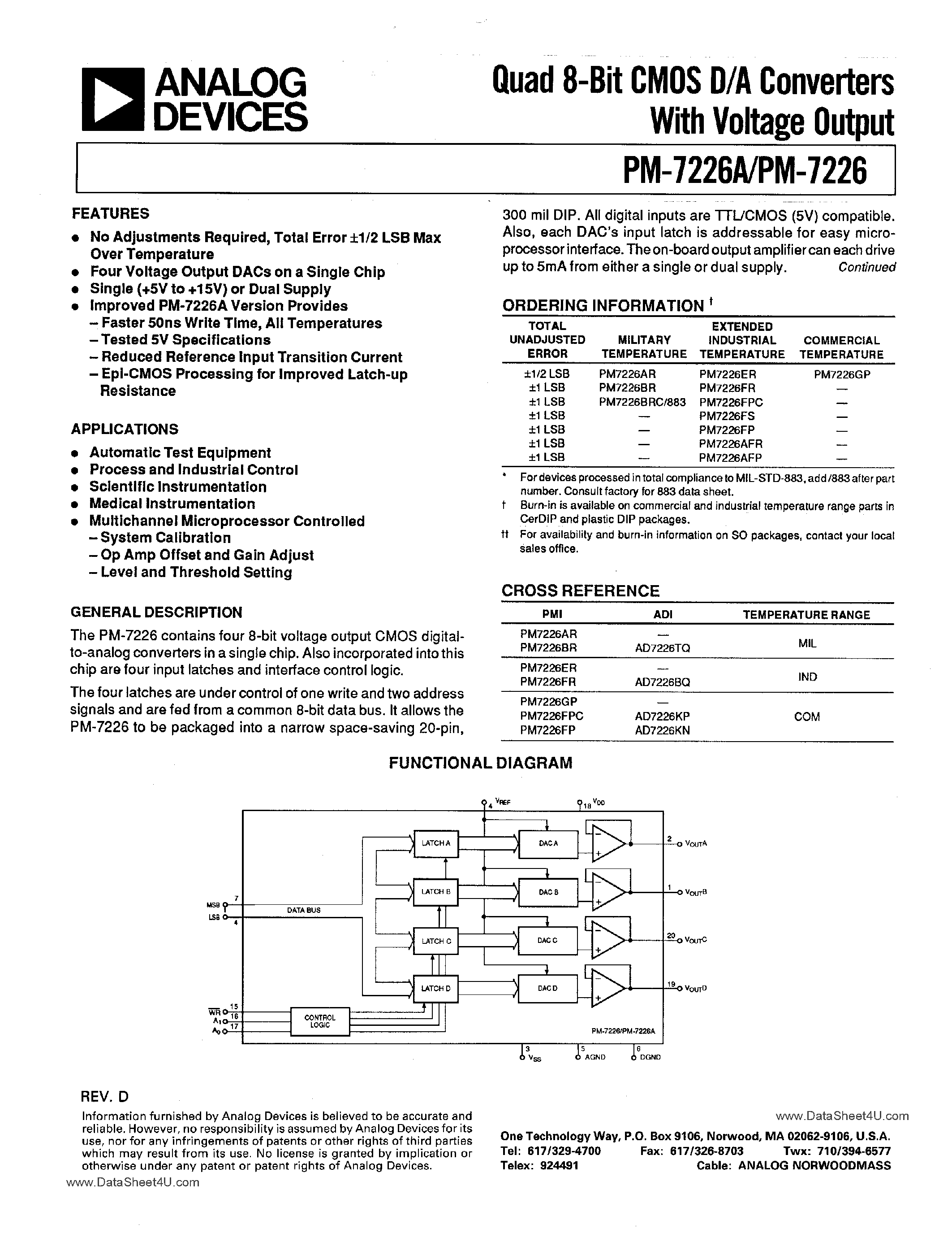 Даташит PM-7226 - QUAD 8 BIT CMOS D/A CONVERTERS WITH VOLTAGE OUTPUT страница 1