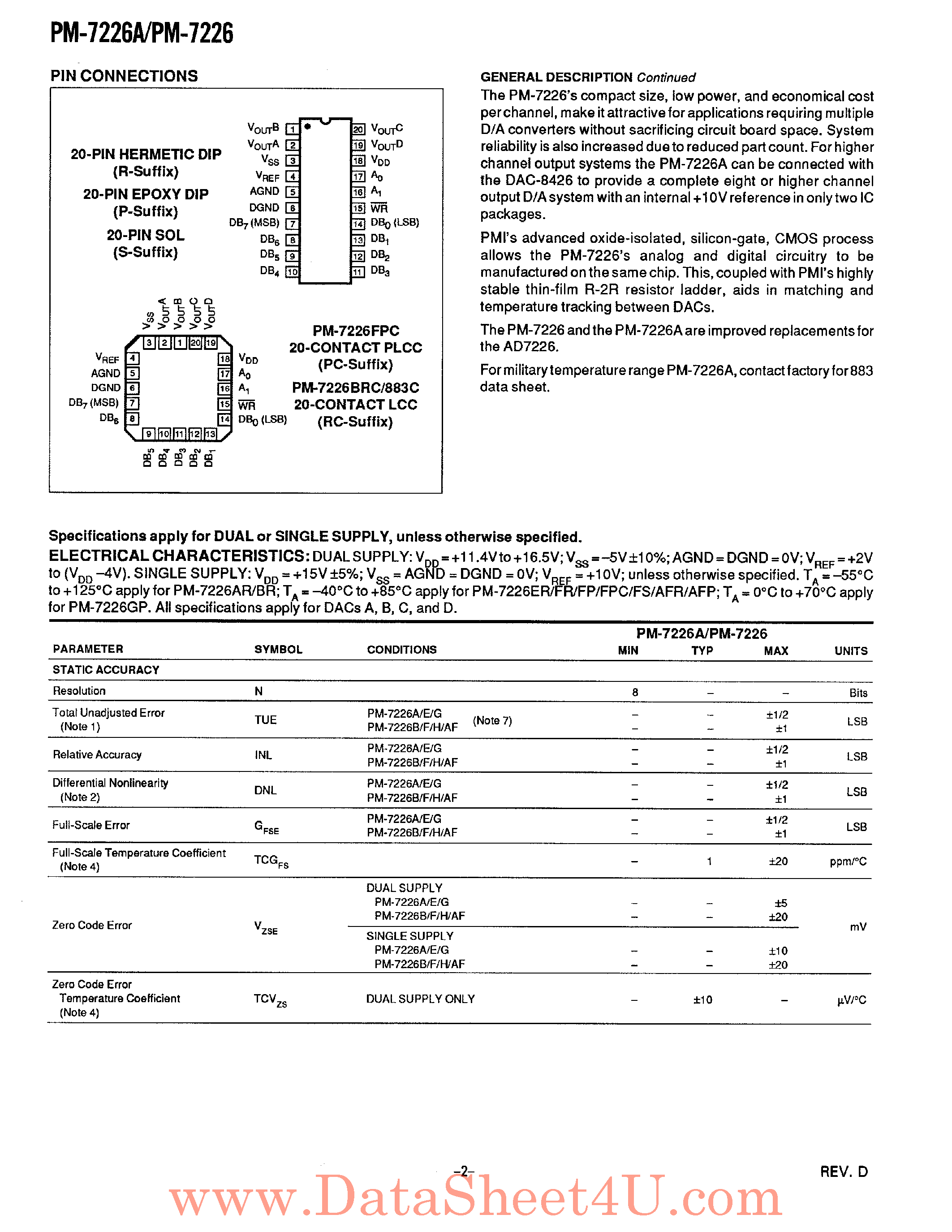 Даташит PM-7226 - QUAD 8 BIT CMOS D/A CONVERTERS WITH VOLTAGE OUTPUT страница 2