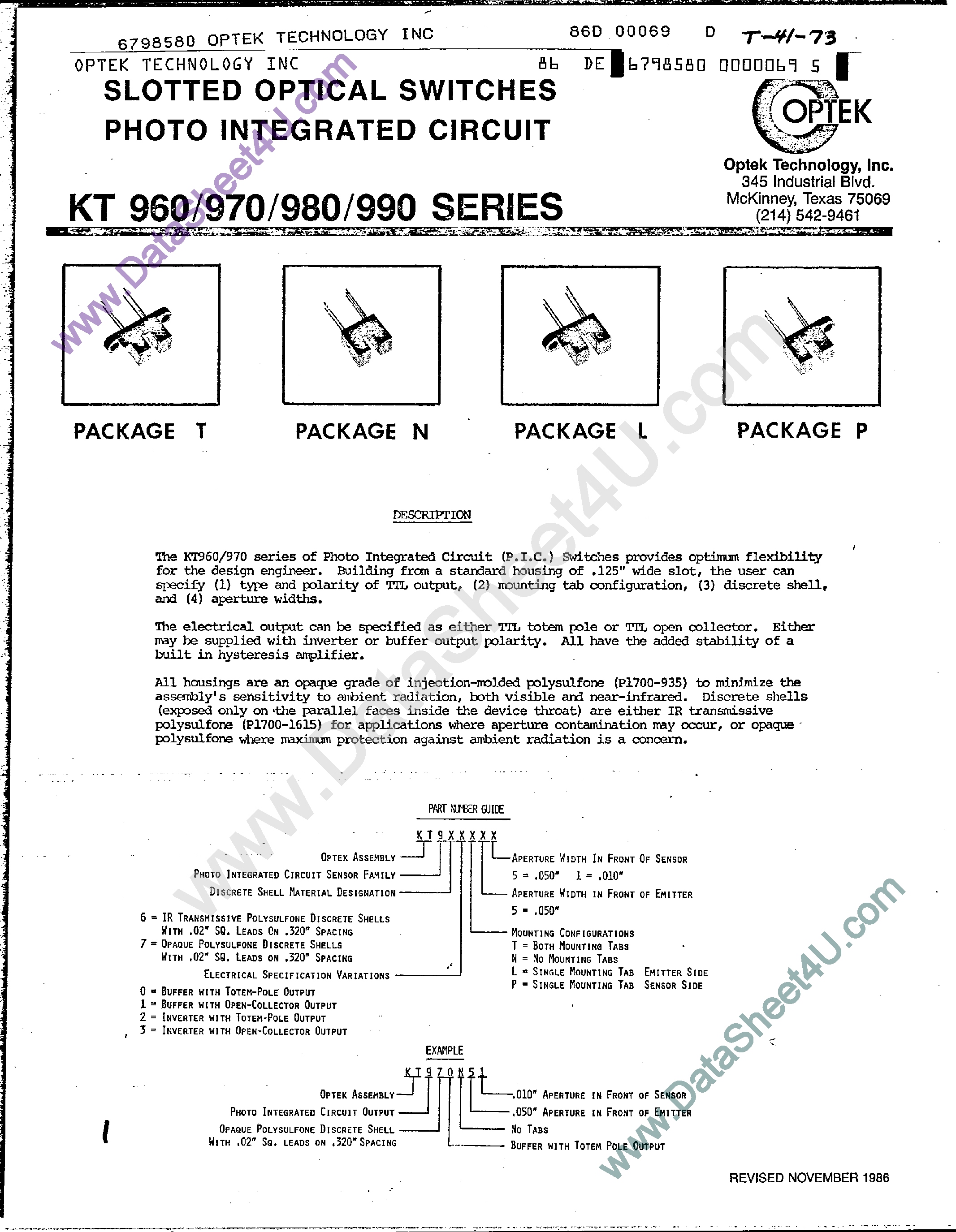 Даташит на микросхему KT960 страница 1 Даташит KT960 - (KT960 - KT990) Slotted Optical Switches Photo Integrated Circuit страница 1