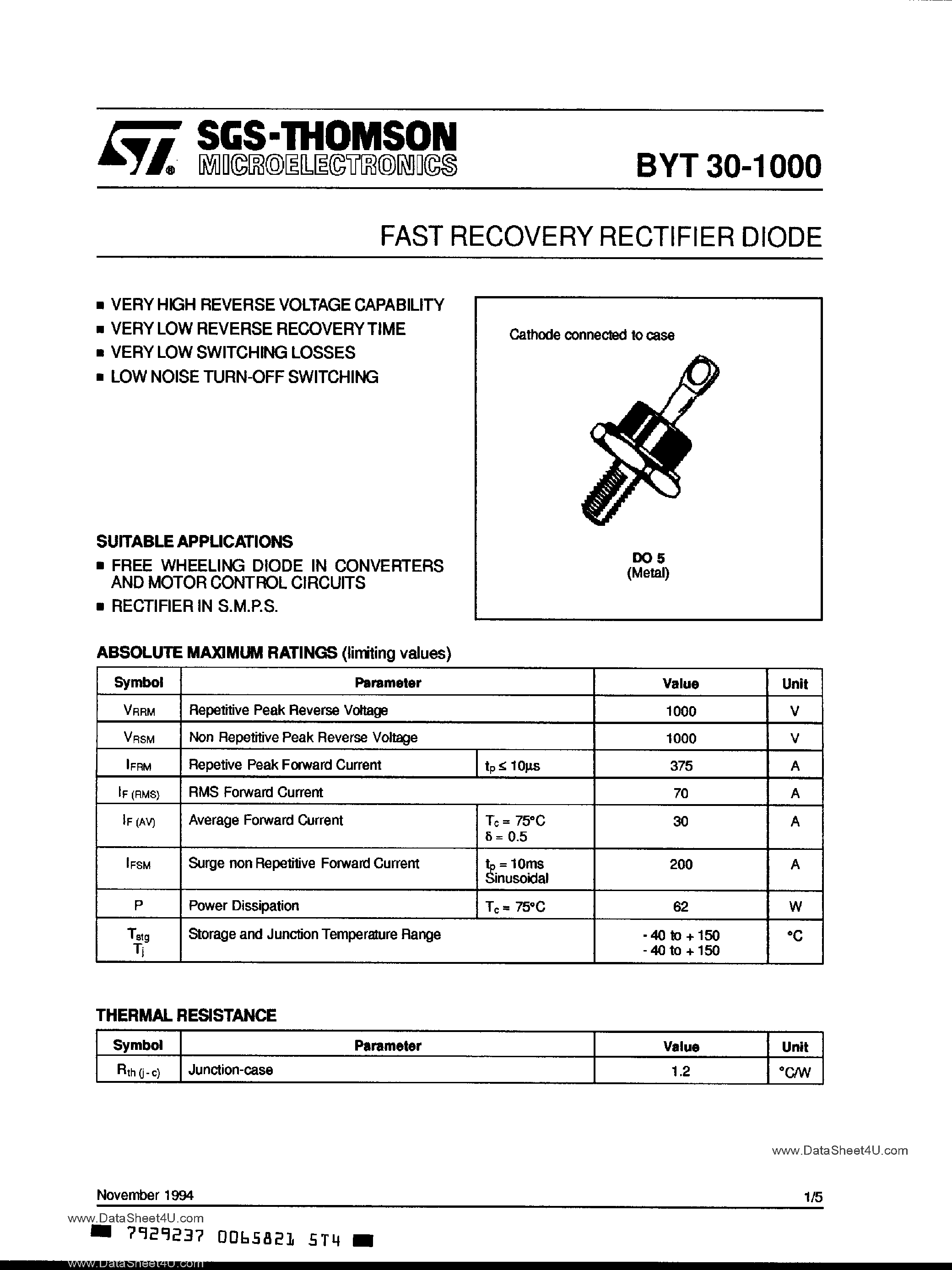 Datasheet BYT30-1000 page 1 Datasheet BYT30-1000 - Fast Recovery Rectifier Diode page 1