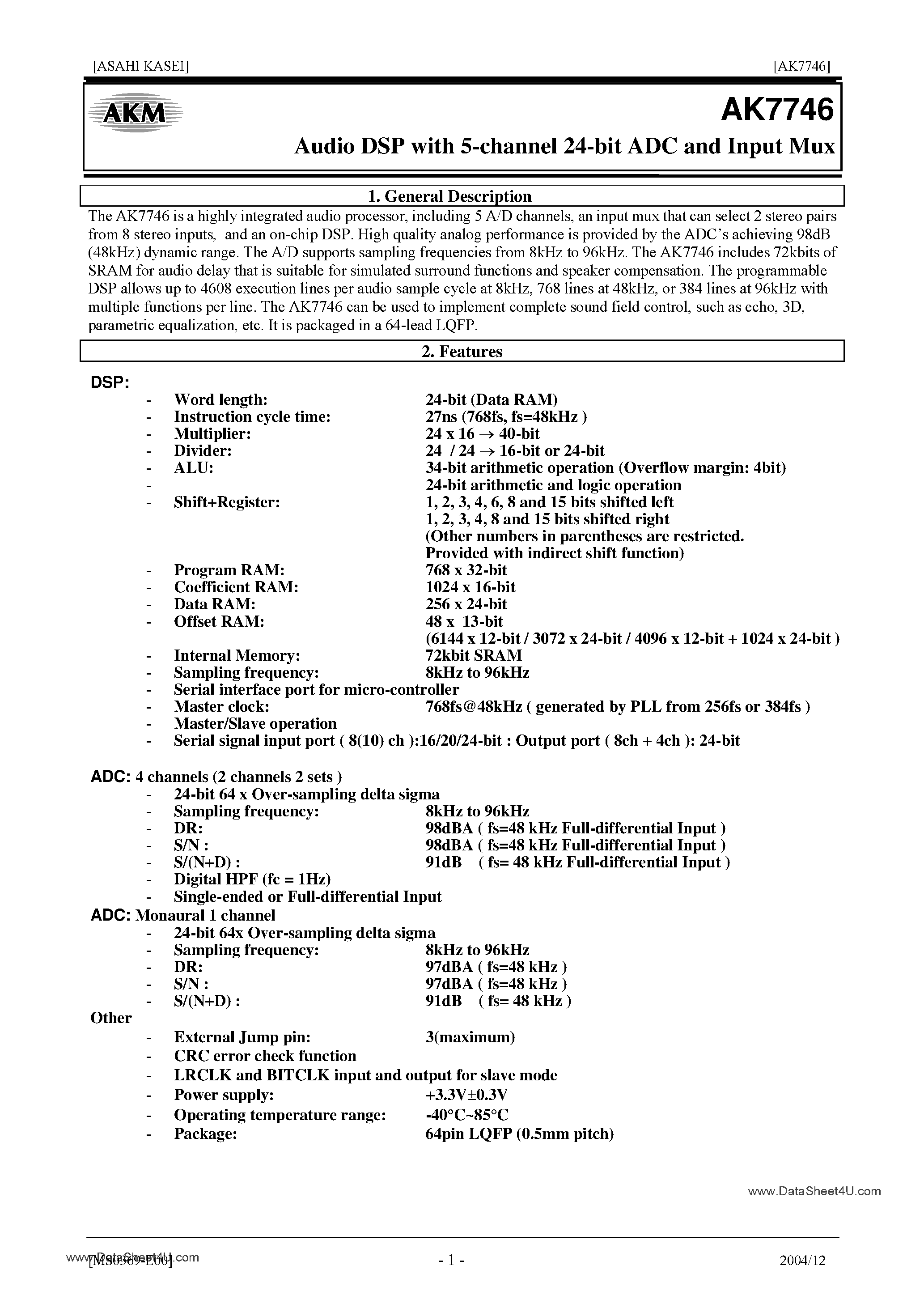 Datasheet AK7746 - Audio DSP with 5-channel 24-bit ADC and Input Mux page 1