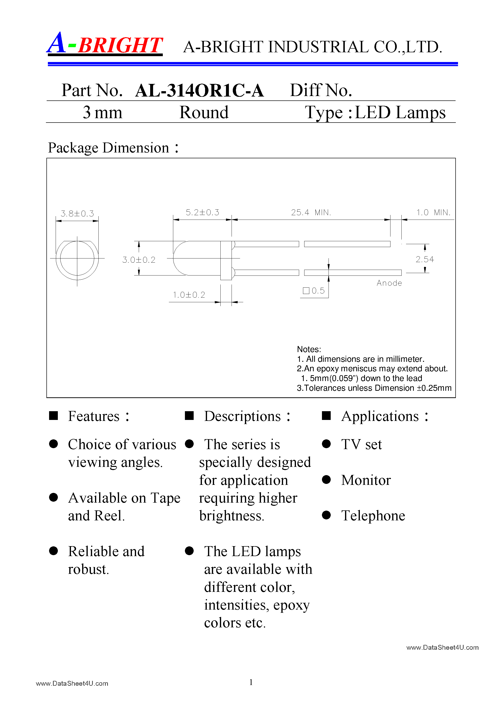 Datasheet AL-314OR1C-A page 1 Datasheet AL-314OR1C-A - SUPER FLUX WHITE LED page 1