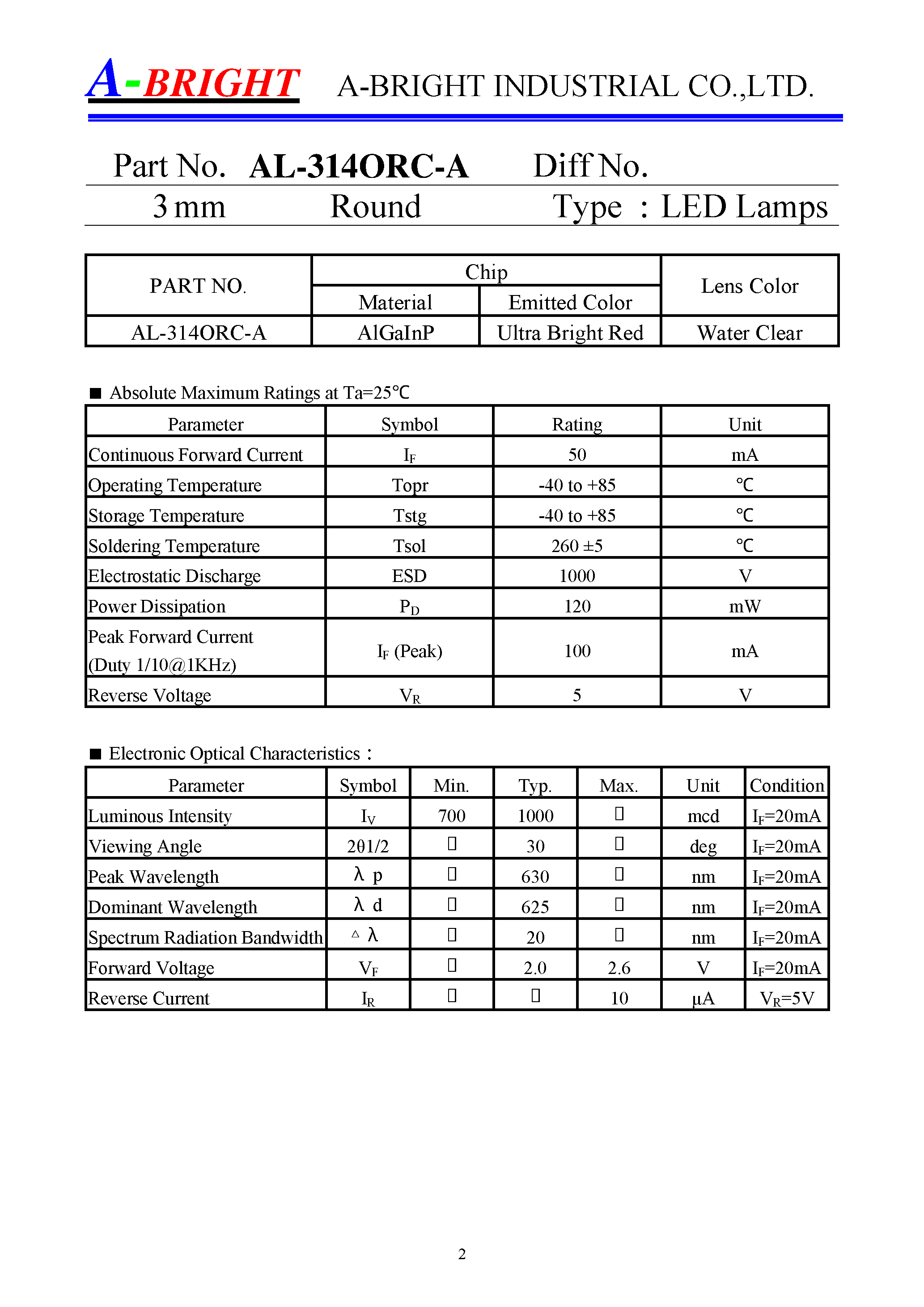 Datasheet AL-314ORC-A page 2 Datasheet AL-314ORC-A - SUPER FLUX WHITE LED page 2