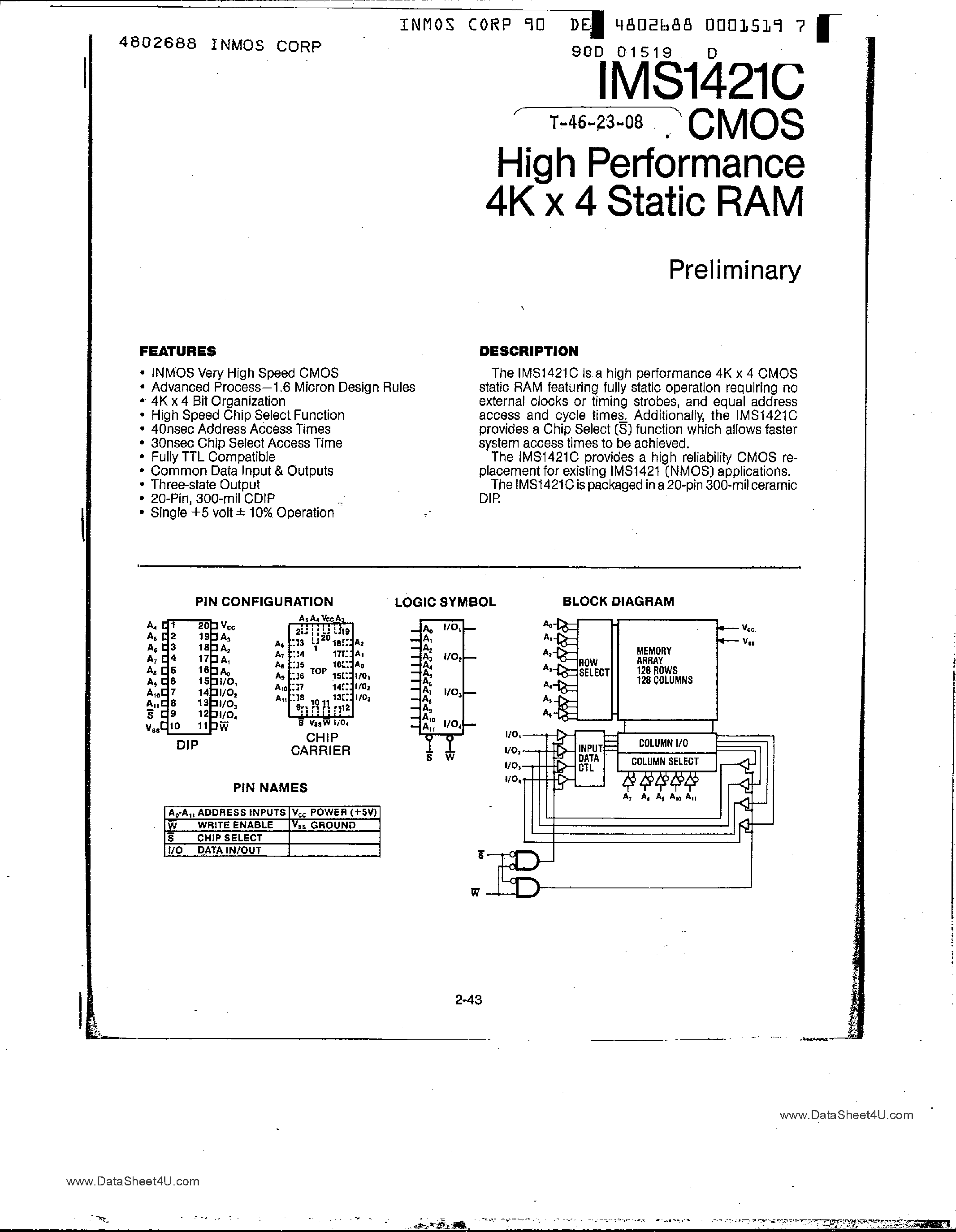 Даташит IMS1421C - High Performance 4K x 4 Static RAM страница 1