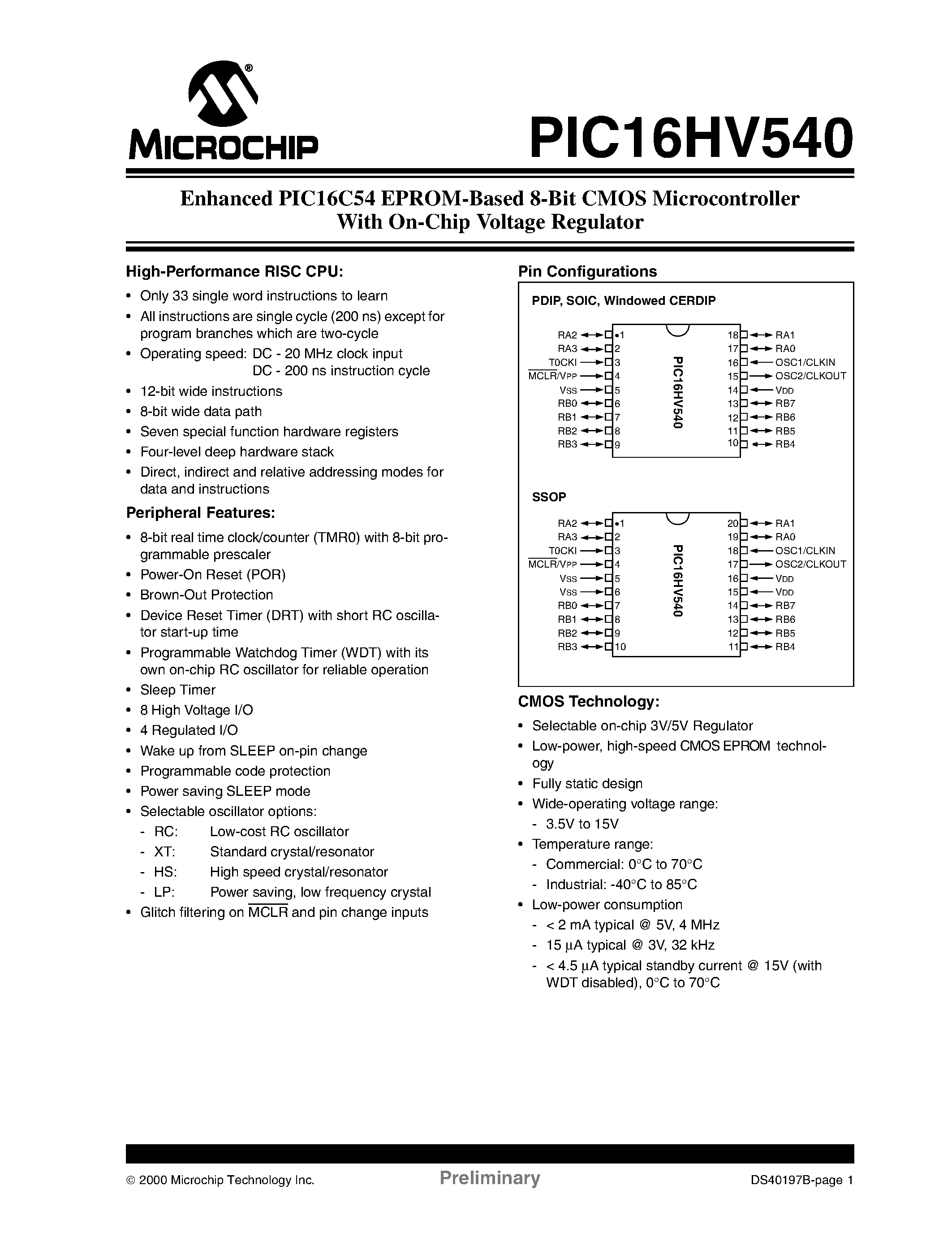 Даташит PIC16HV540 - Enhanced PIC16C54 EPROM-Based 8-Bit CMOS Microcontroller страница 1