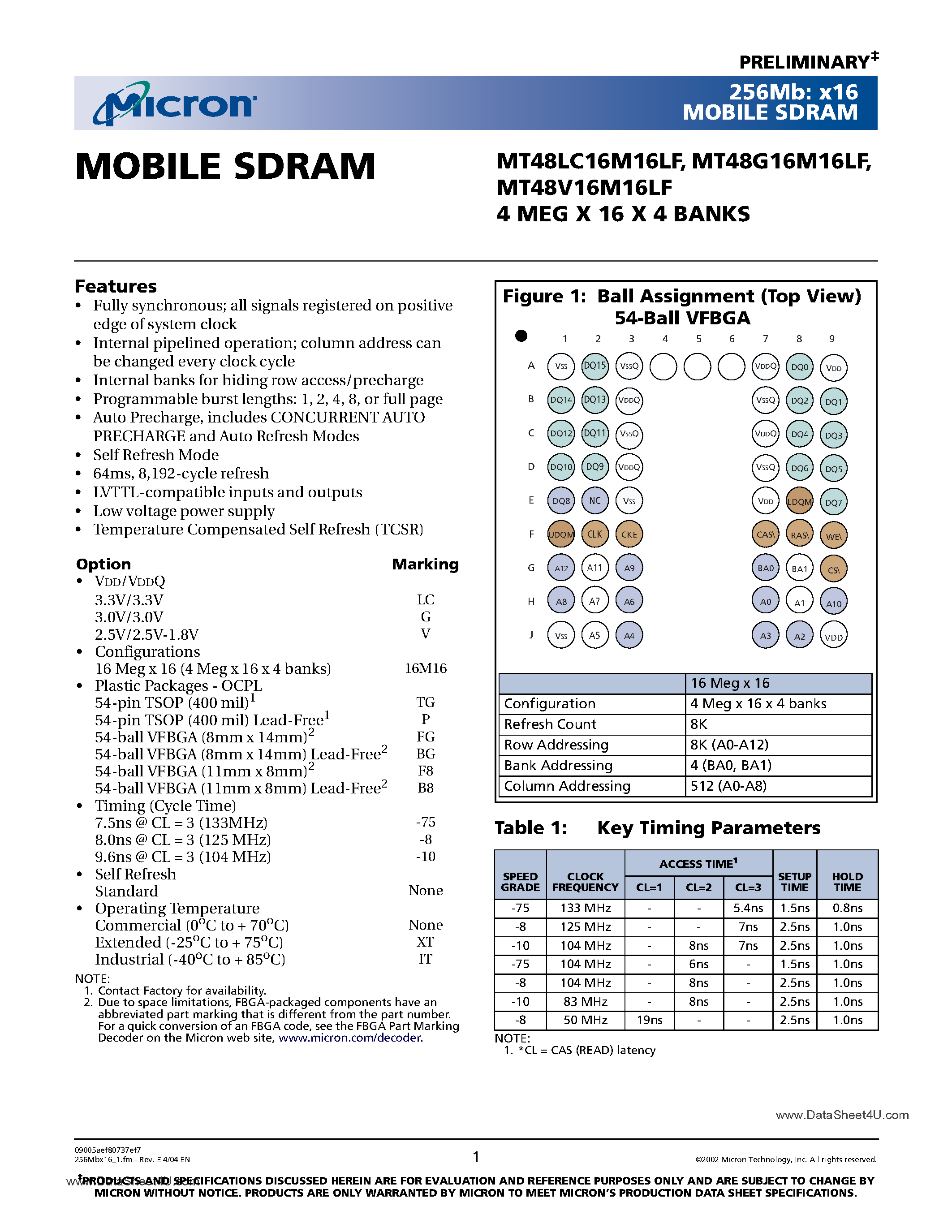 Datasheet MT48G16M16LF - (MT48xx16M16LF) 4M x 16 x 4 Banks page 1