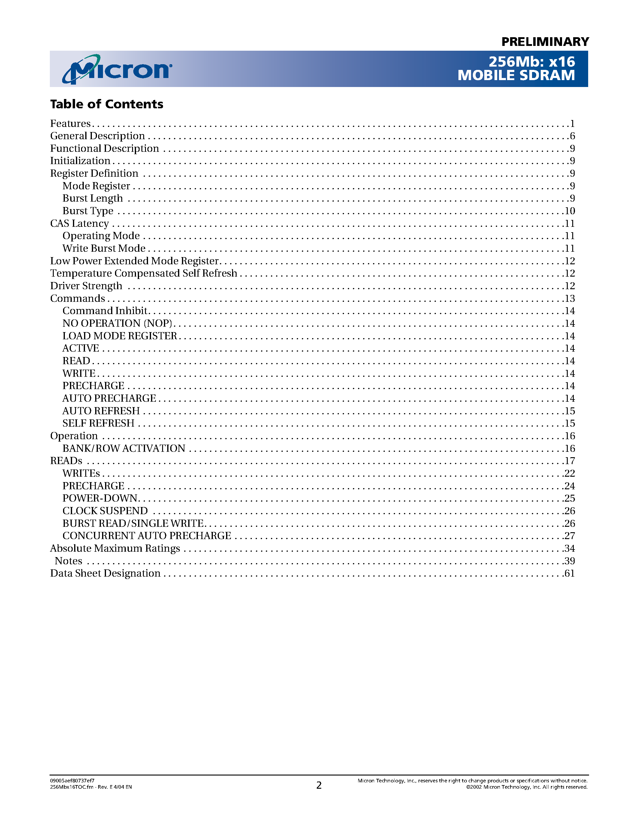 Datasheet MT48G16M16LF - (MT48xx16M16LF) 4M x 16 x 4 Banks page 2