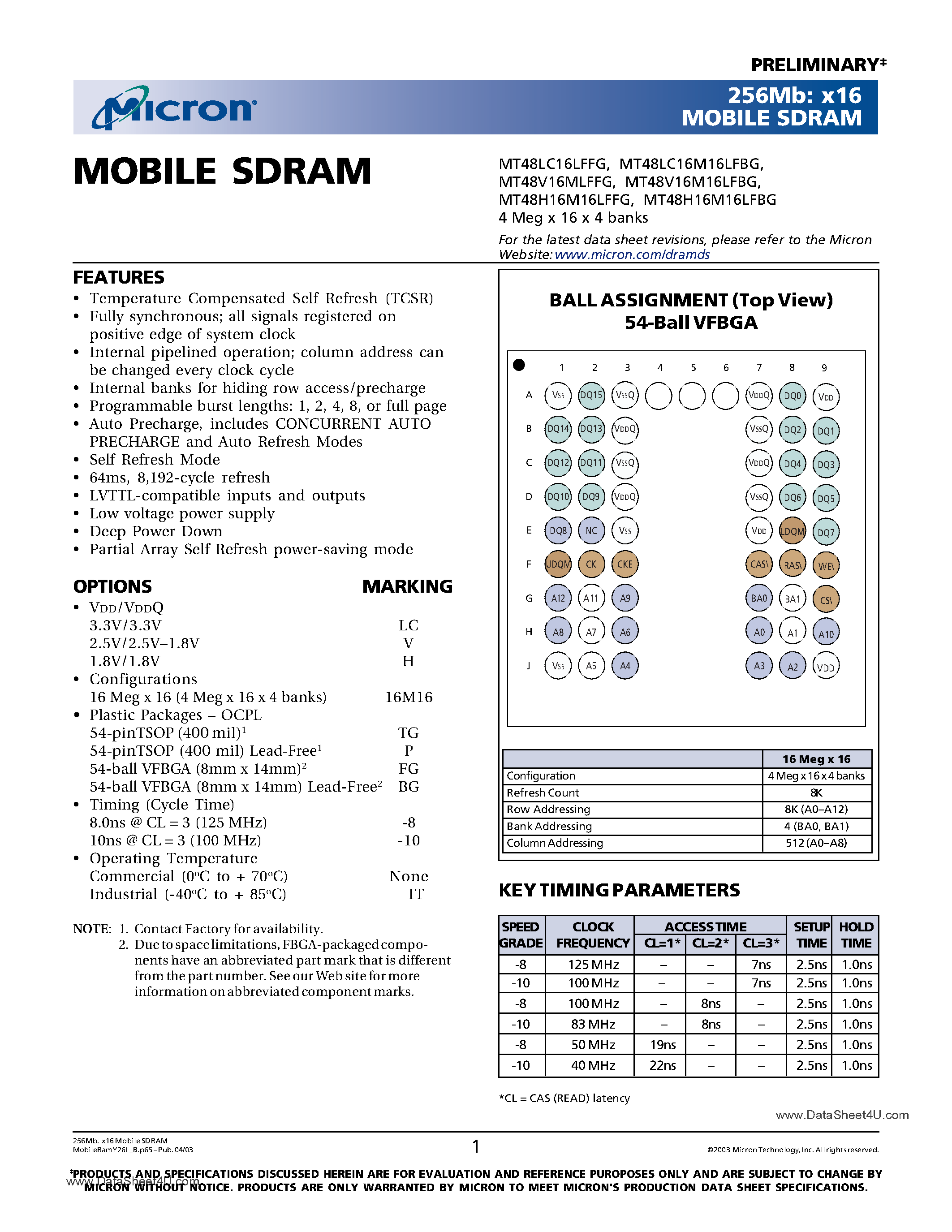 Datasheet MT48H16M16LFBG - (MT48xx16x16LFxG) 256M x 16 Mobile SDRAM page 1