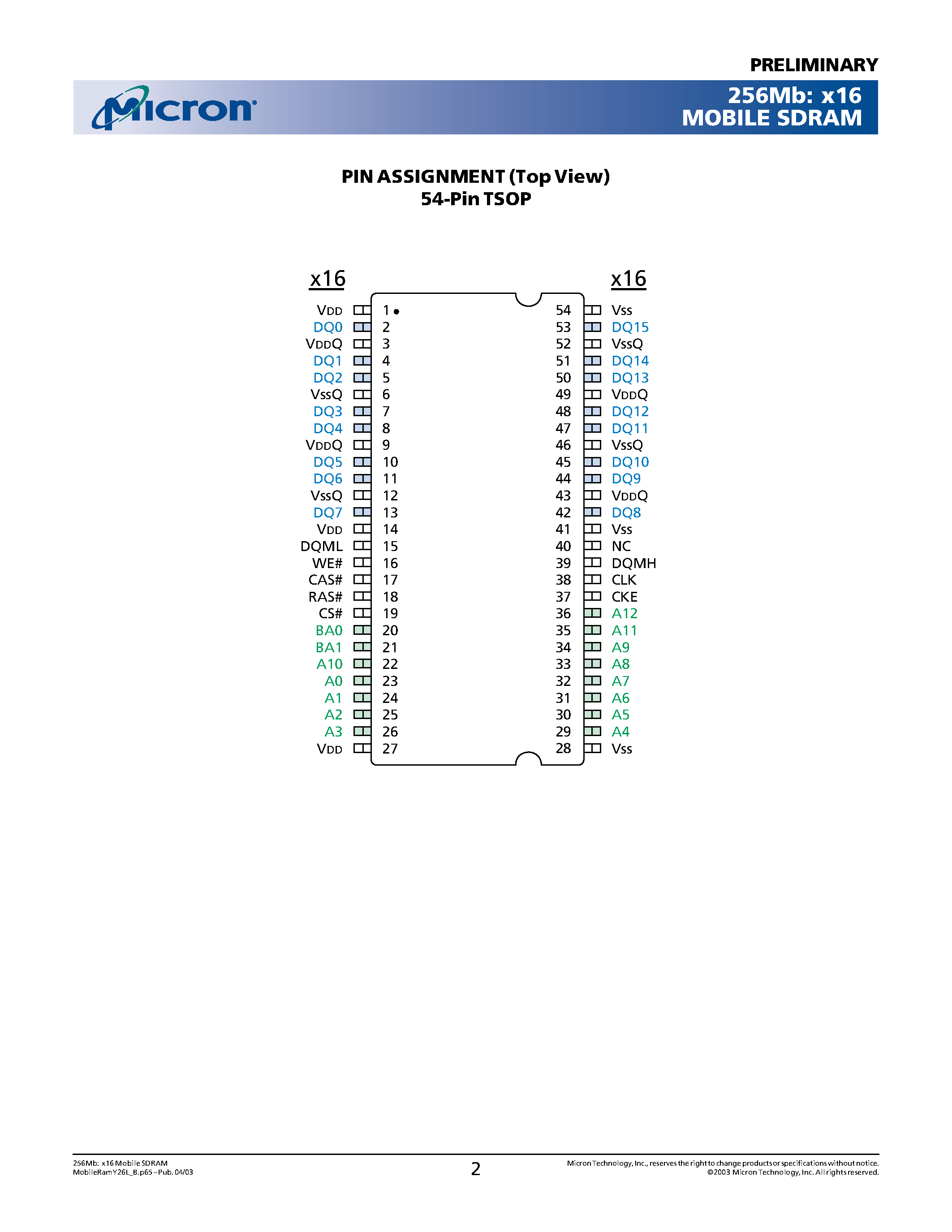 Datasheet MT48H16M16LFBG - (MT48xx16x16LFxG) 256M x 16 Mobile SDRAM page 2