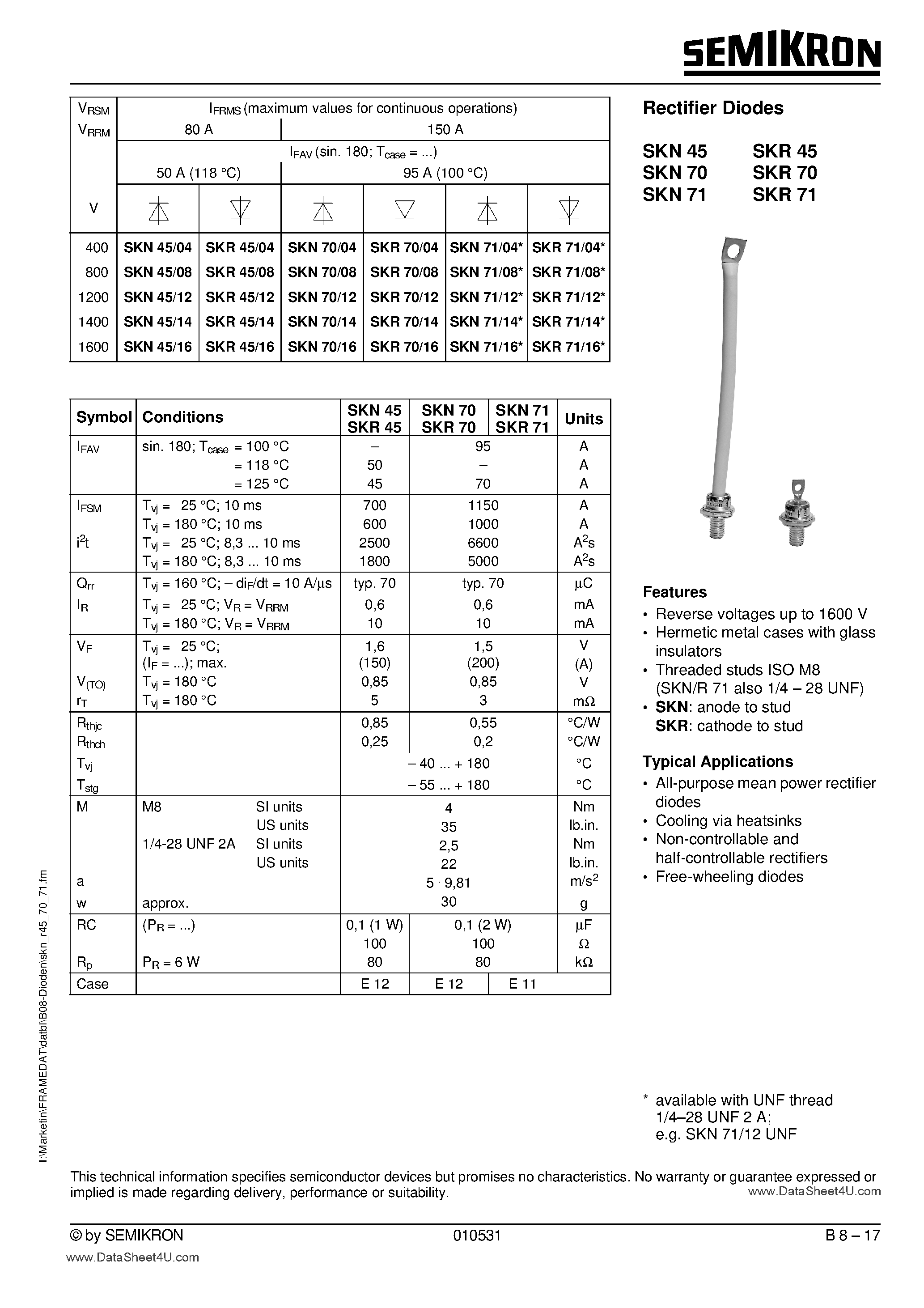 Даташит на микросхему SKN45 страница 1 Даташит SKN45 - (SKN45 - SKN71) Rectifier Diodes страница 1