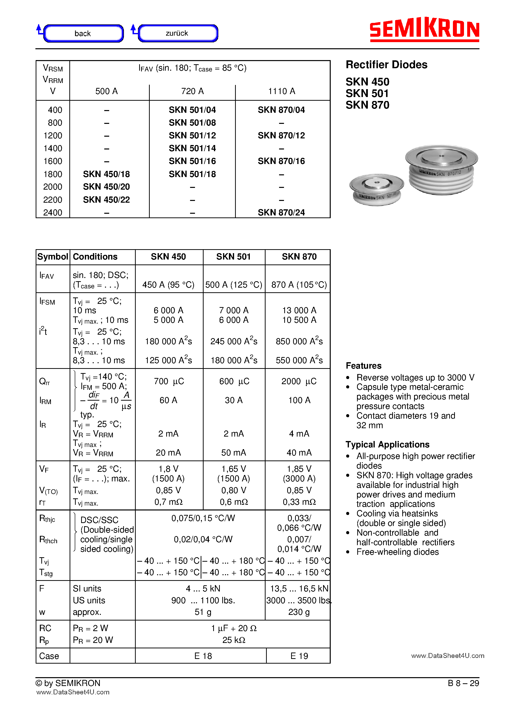 Даташит на микросхему SKN450 страница 1 Даташит SKN450 - (SKN450 - SKN870) Rectifier Diodes страница 1