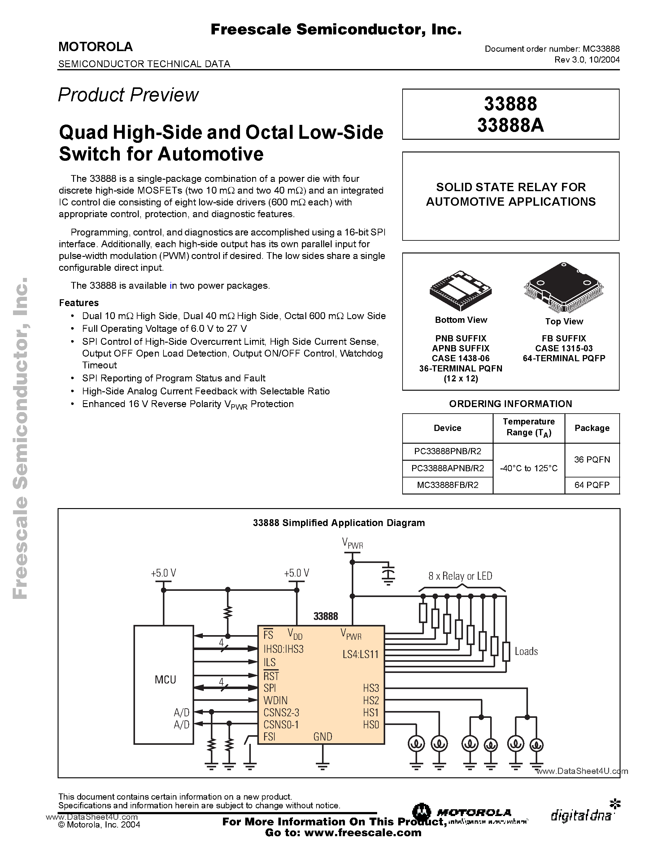Datasheet MC33888 page 1 Datasheet MC33888 - Quad High-Side and Octal Low-Side Switch for Automotive page 1