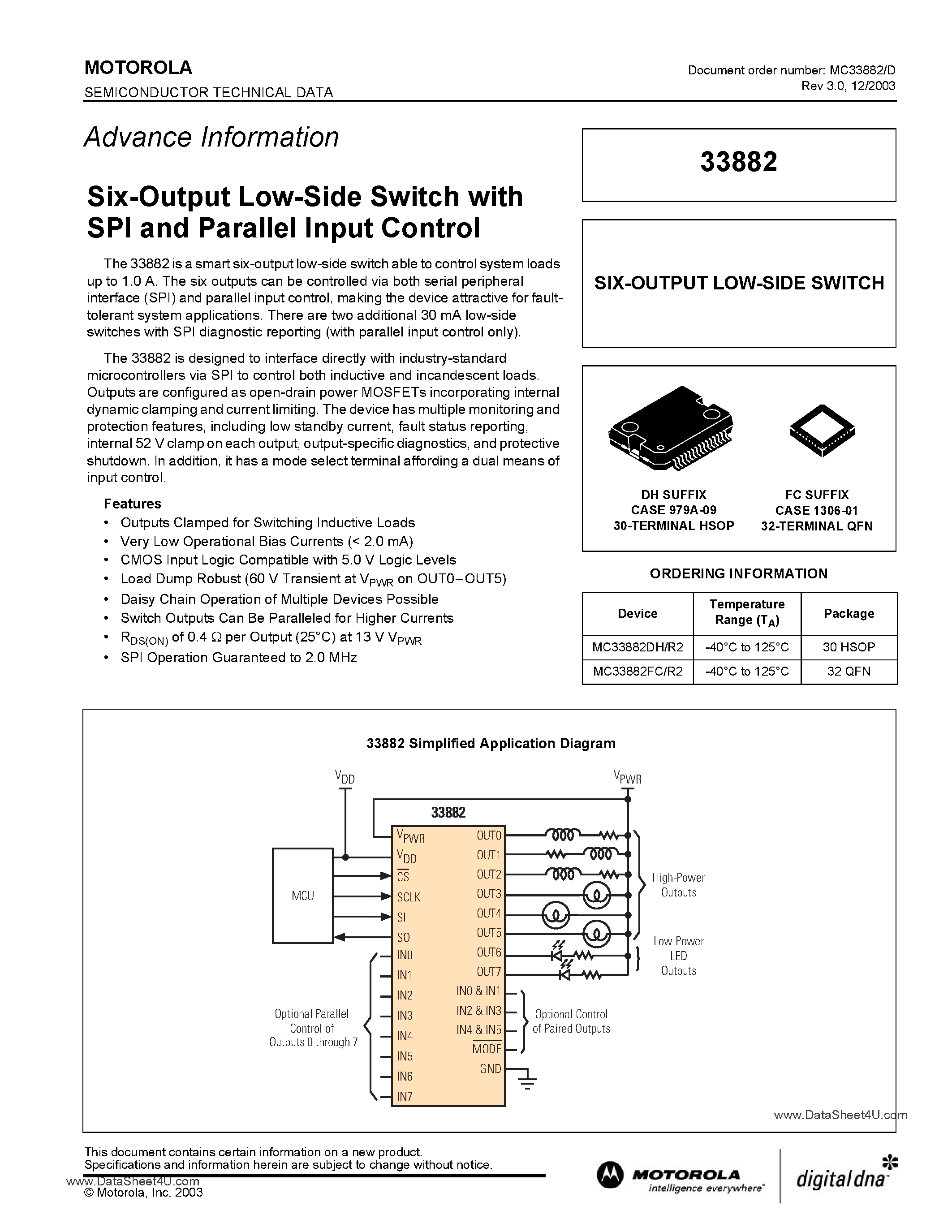 Datasheet MC33882 - Six-Output Low-Side Switch with SPI and Parallel Input Control page 1
