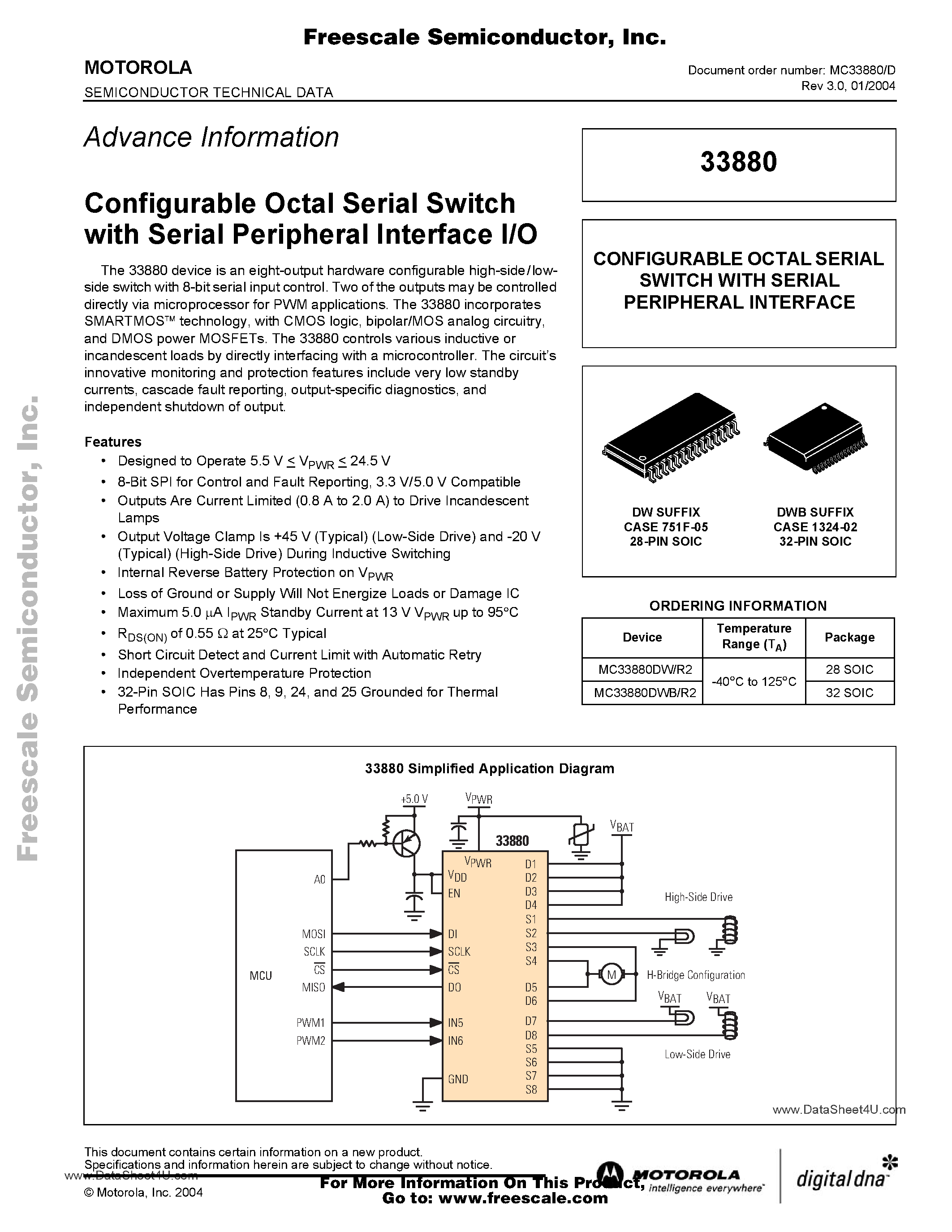 Datasheet MC33880 page 1 Datasheet MC33880 - CONFIGURABLE OCTAL SERIAL SWITCH WITH SERIAL PERIPHERAL INTERFACE page 1