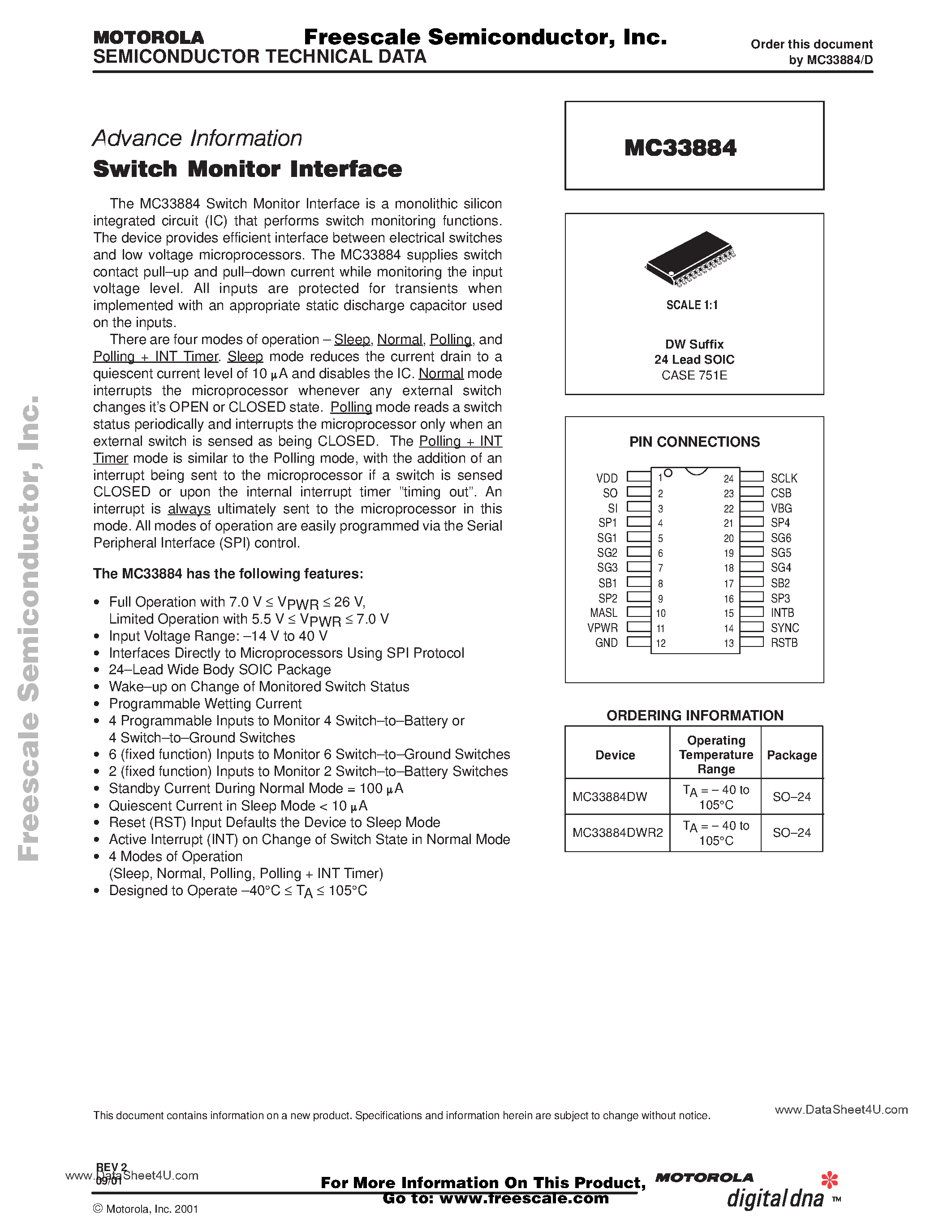 Datasheet MC33884 page 1 Datasheet MC33884 - SWITCH MONITOR INTERFACE page 1
