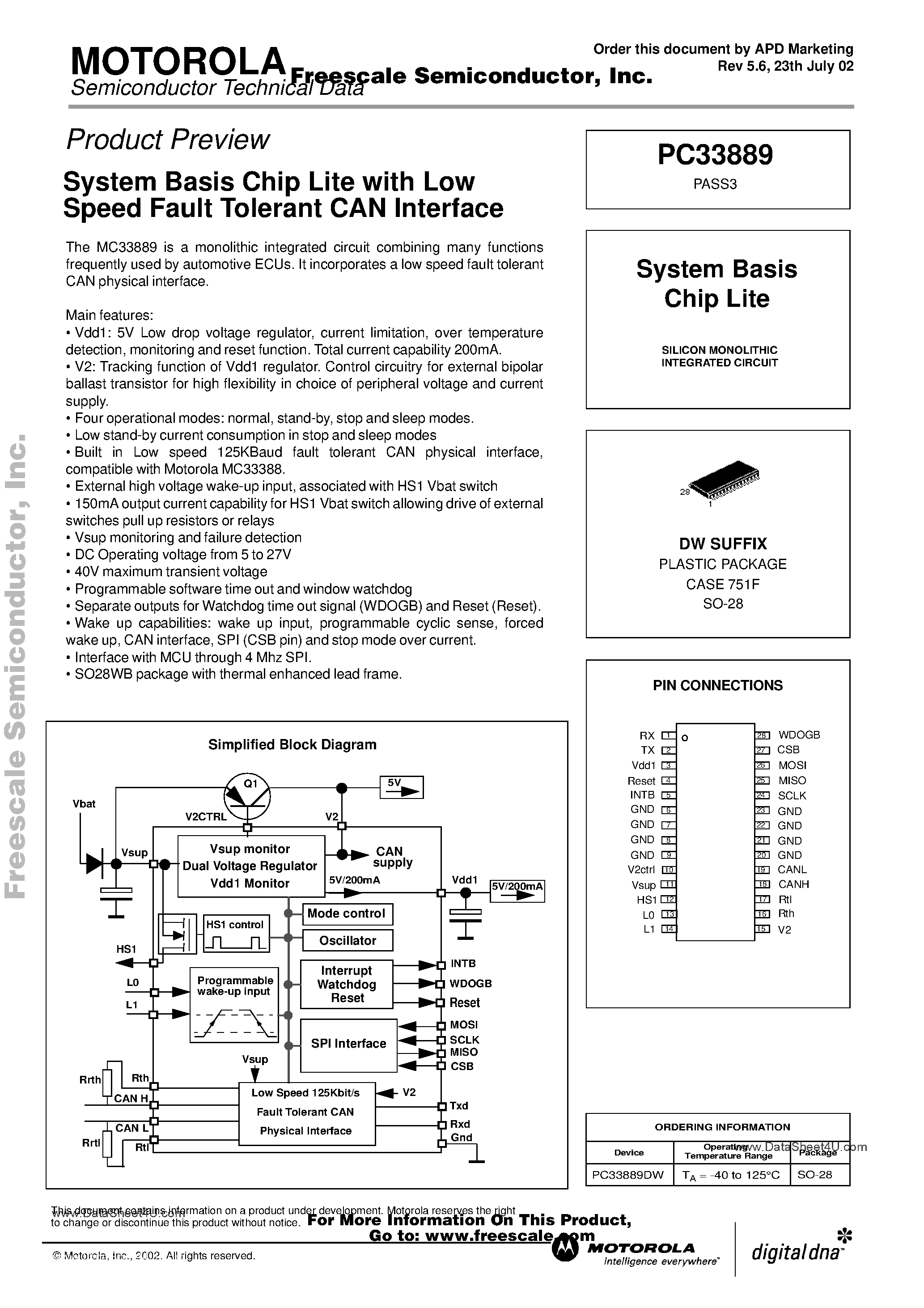 Datasheet MC33889 page 1 Datasheet MC33889 - System Base Chip - Lite With Low Speed CAN page 1