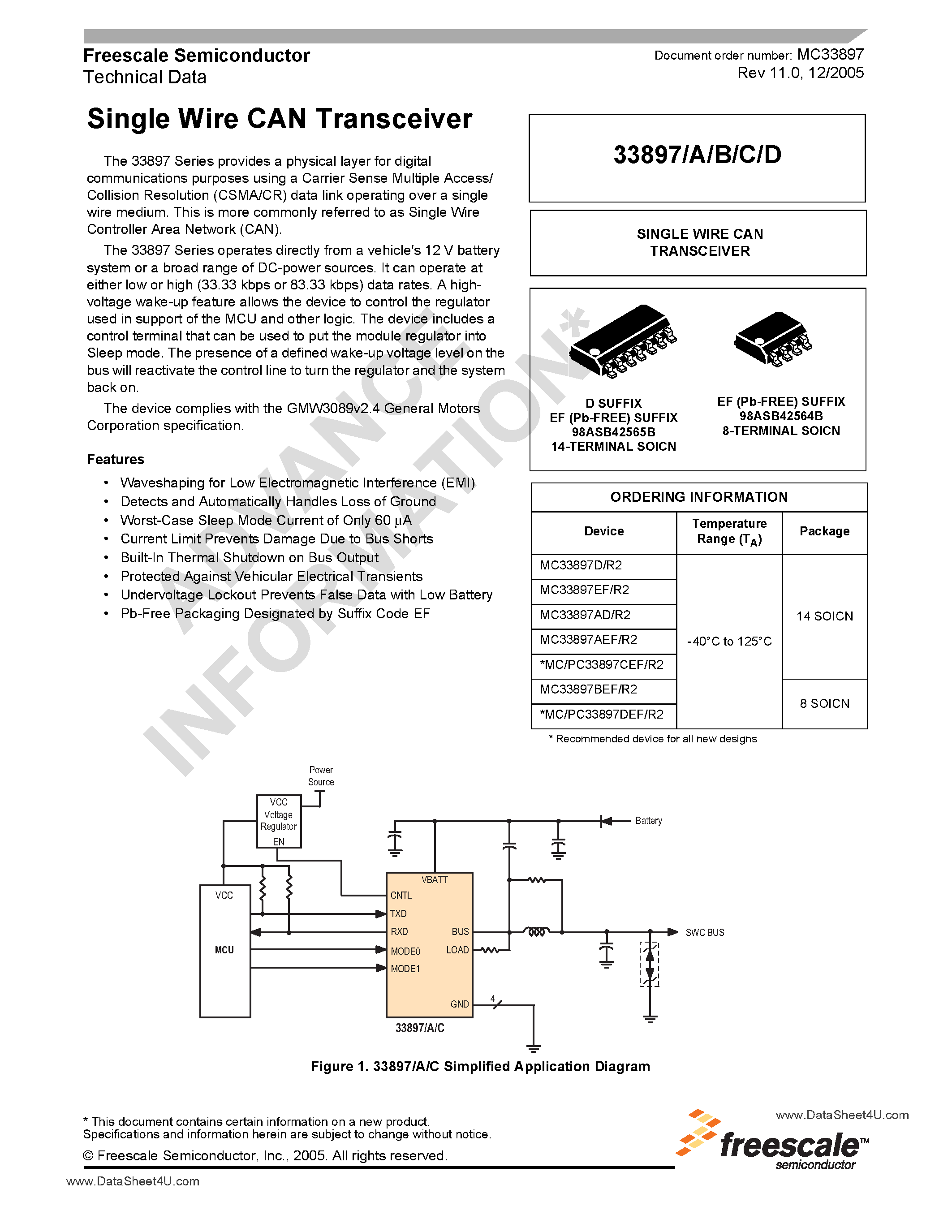 Datasheet MC33897 page 1 Datasheet MC33897 - Single Wire CAN Transceiver page 1