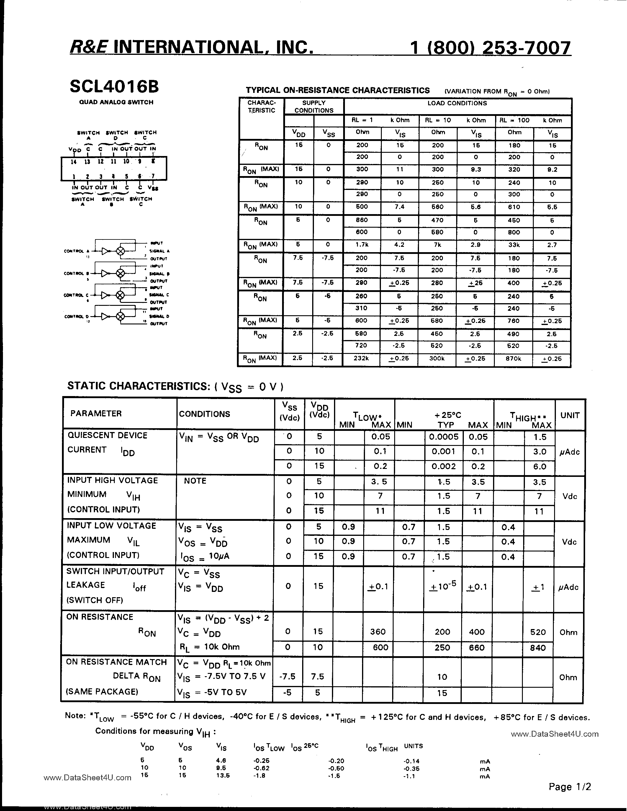 Datasheet SCL4016B page 1 Datasheet SCL4016B - Quad Bilateral Digital or Analog Switch page 1