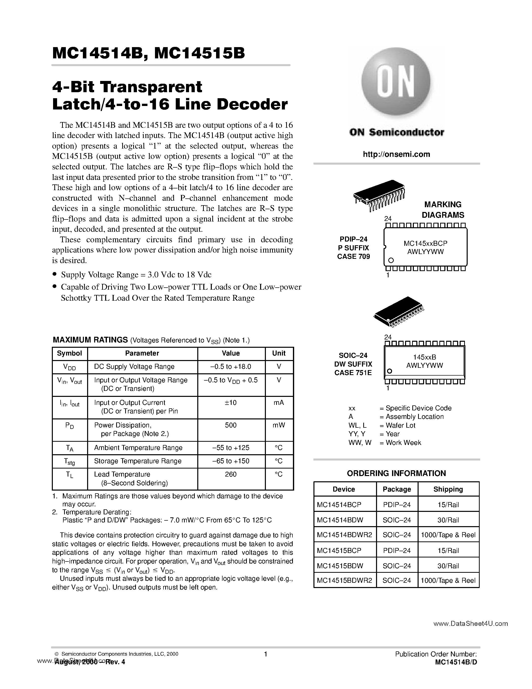 Datasheet MC14514B - (MC14514B / MC14515B) 4-Bit Transparent Latch/4-to-16 Line Decoder page 1