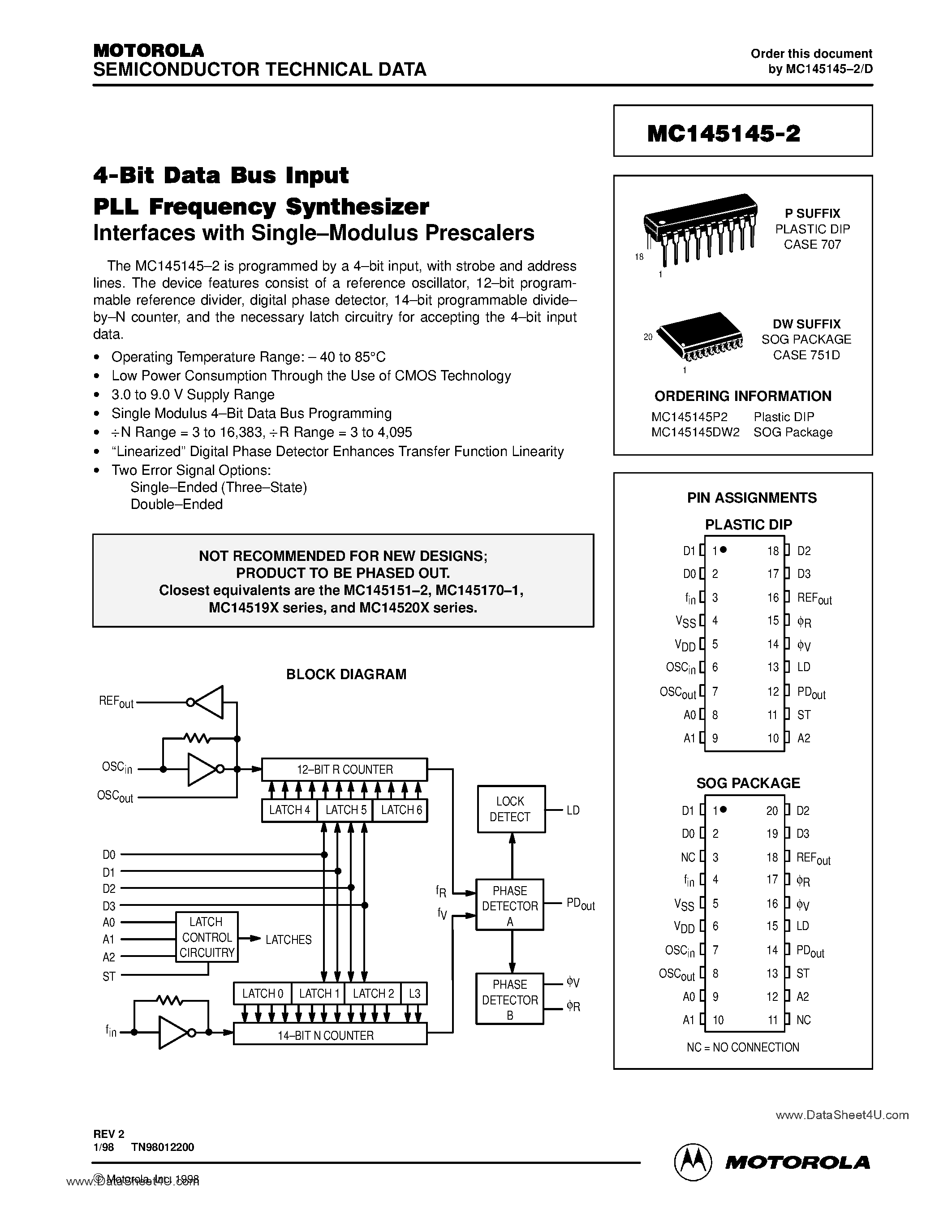 Datasheet MC145145-2 - 4-Bit Data Bus Input PLL Frequency Synthesizer page 1