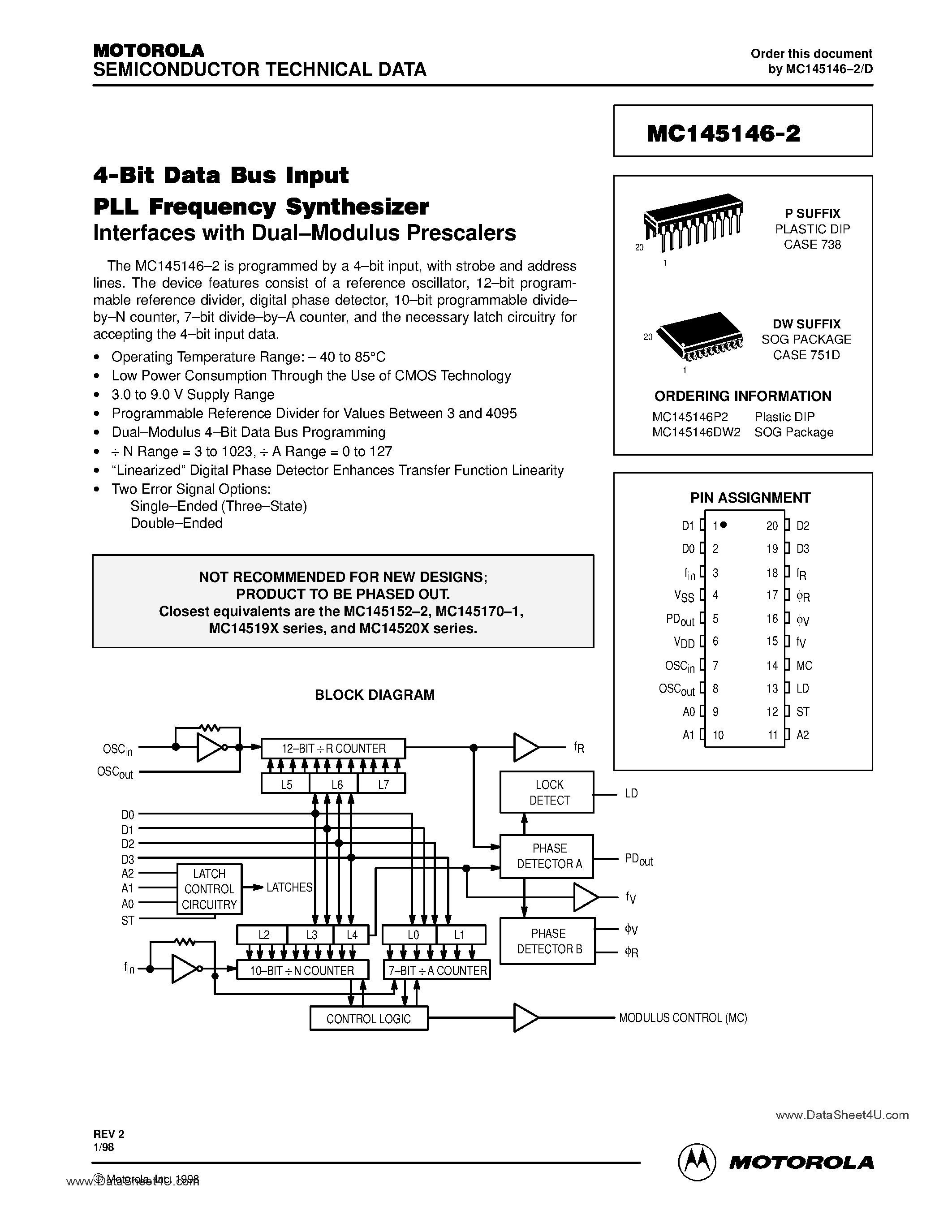 Datasheet MC145146-2 - 4-Bit Data Bus Input PLL Frequency Synthesizer page 1