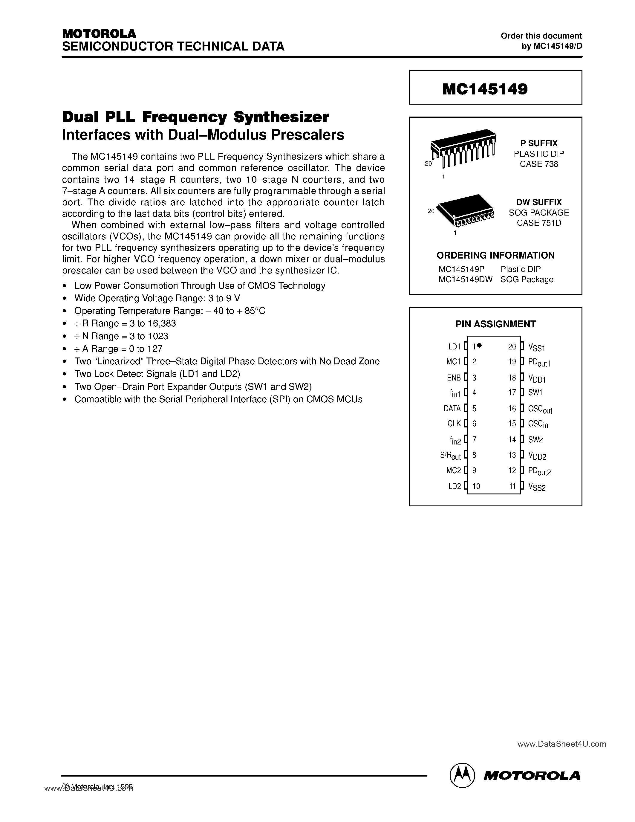 Даташит на микросхему MC145149 страница 1 Даташит MC145149 - Dual PLL Frequency Synthesizer страница 1