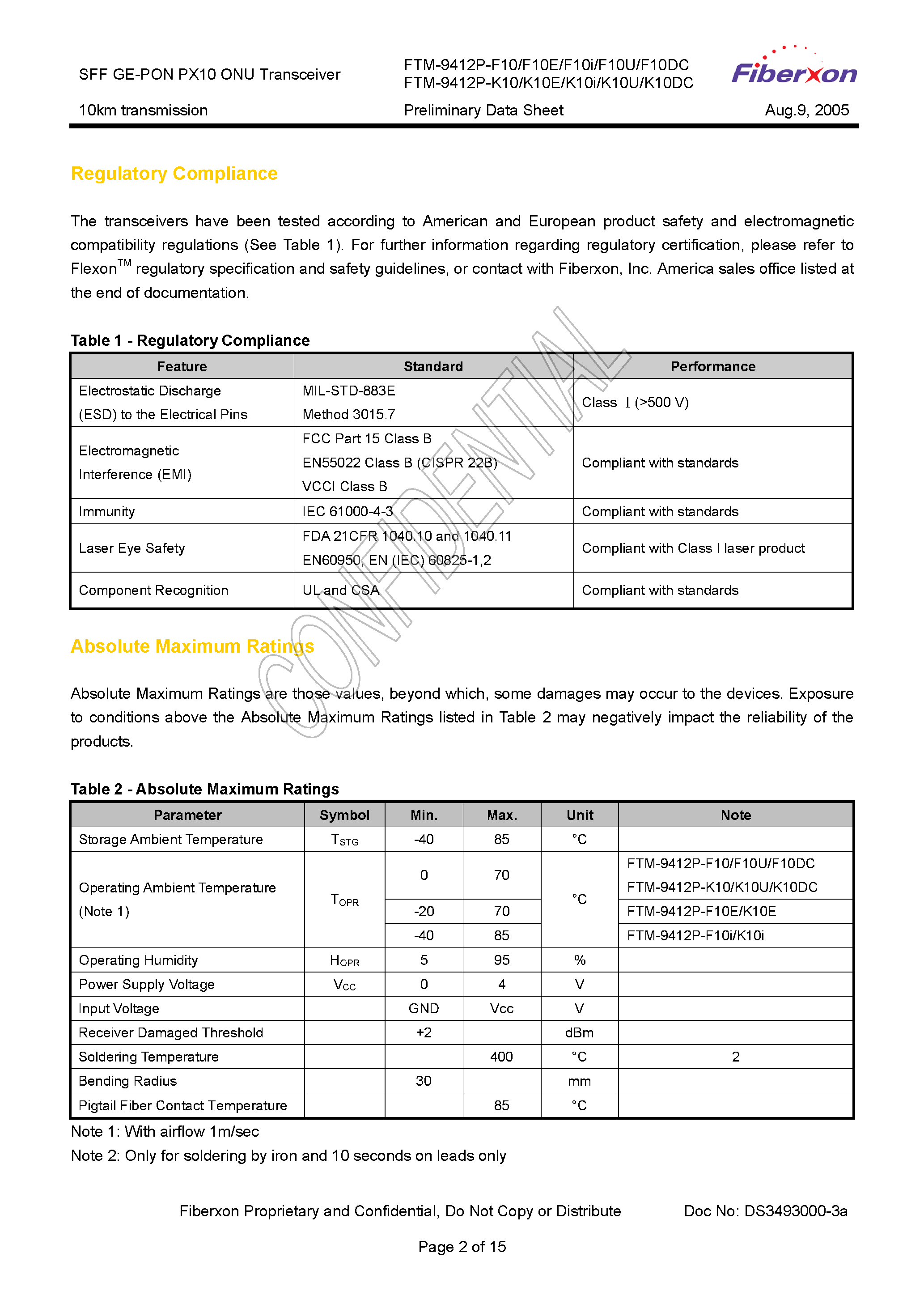 Даташит FTM-9412P-F10 - (FTM-9412P-x10xx) SFF GE-PON Px10 ONU Transceiver страница 2