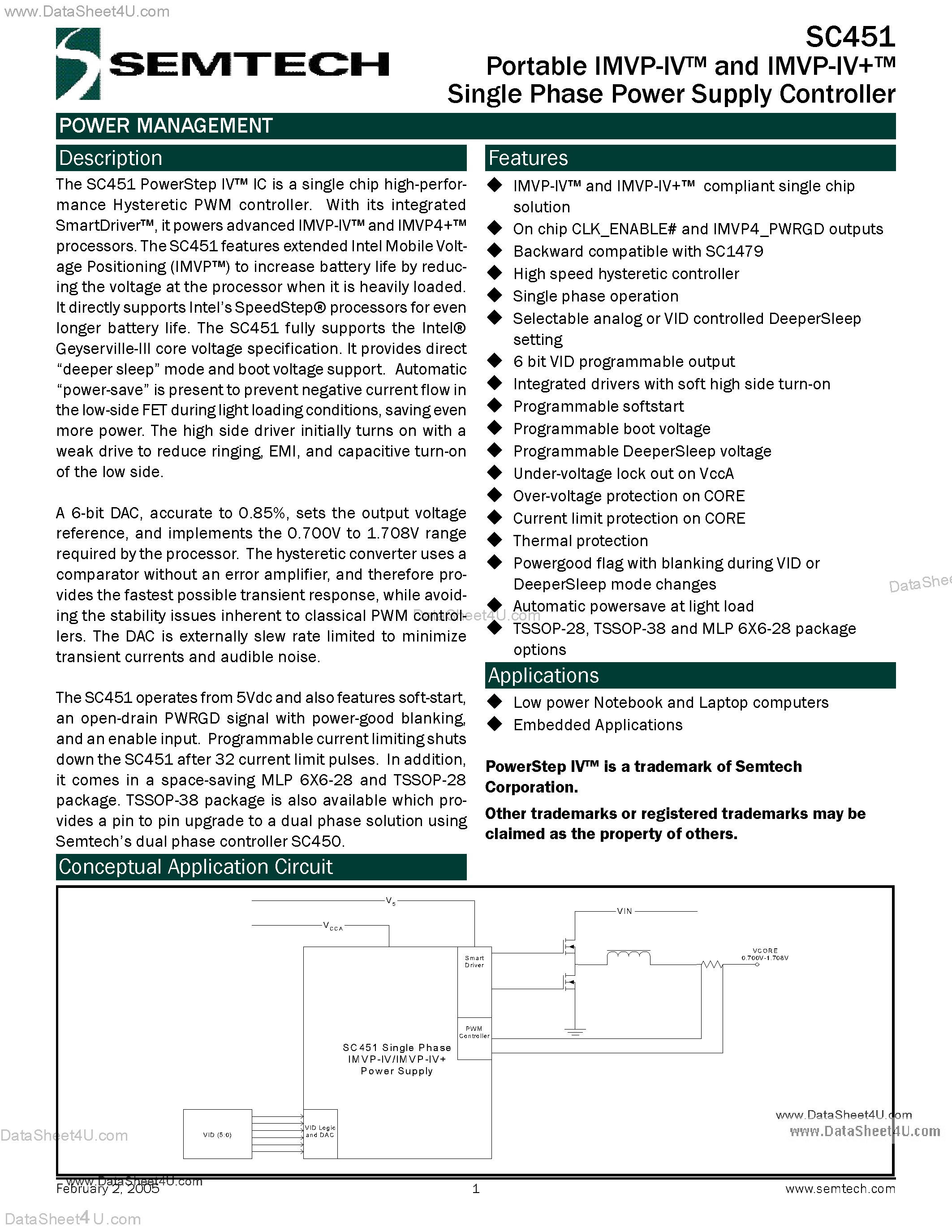 Datasheet SC451 page 1 Datasheet SC451 - Single Phase Power Supply Controller page 1