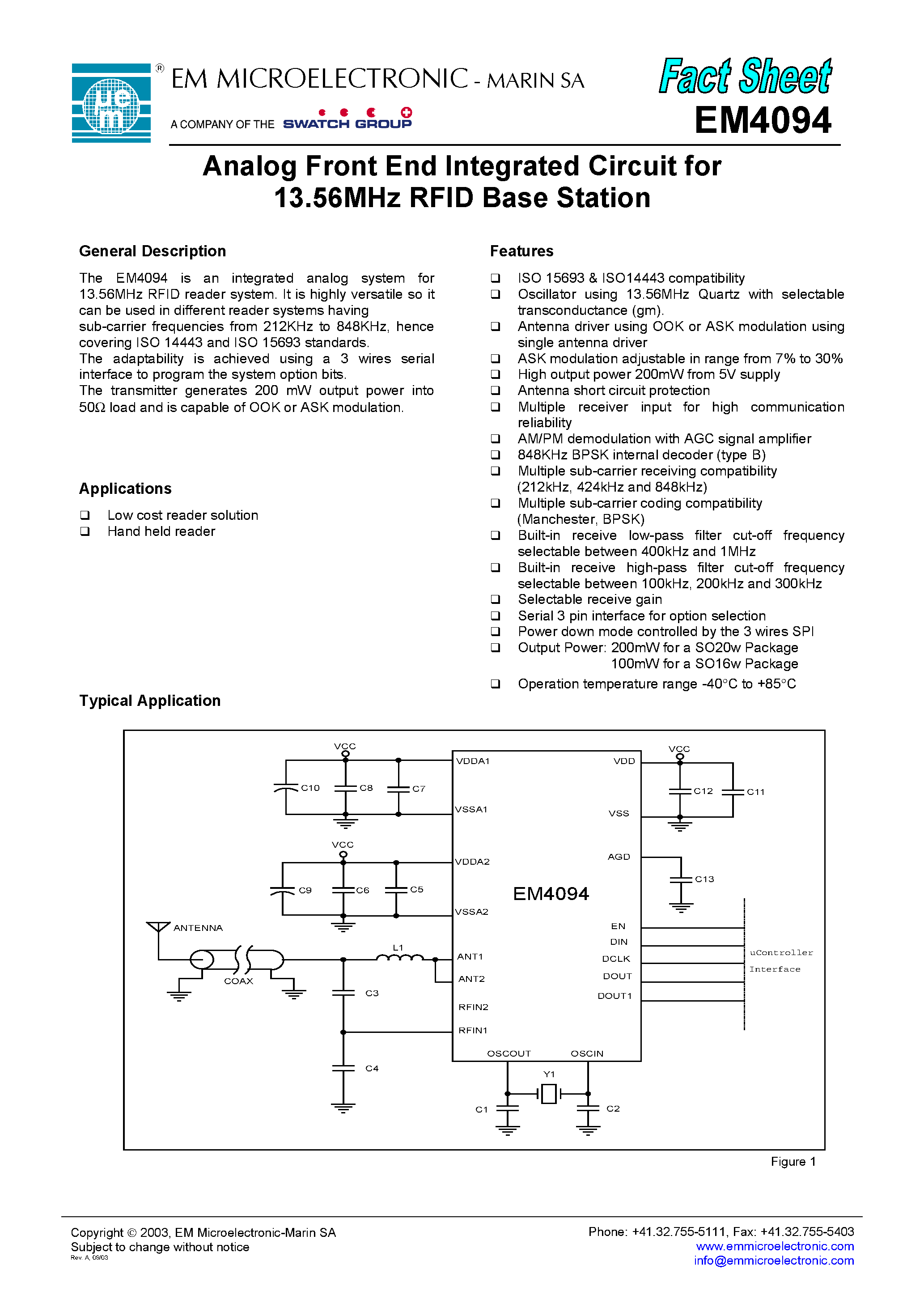 Datasheet EM4094 page 1 Datasheet EM4094 - Analog Front End Integrated Circuit for 13.56Mhz RFID Base Station page 1