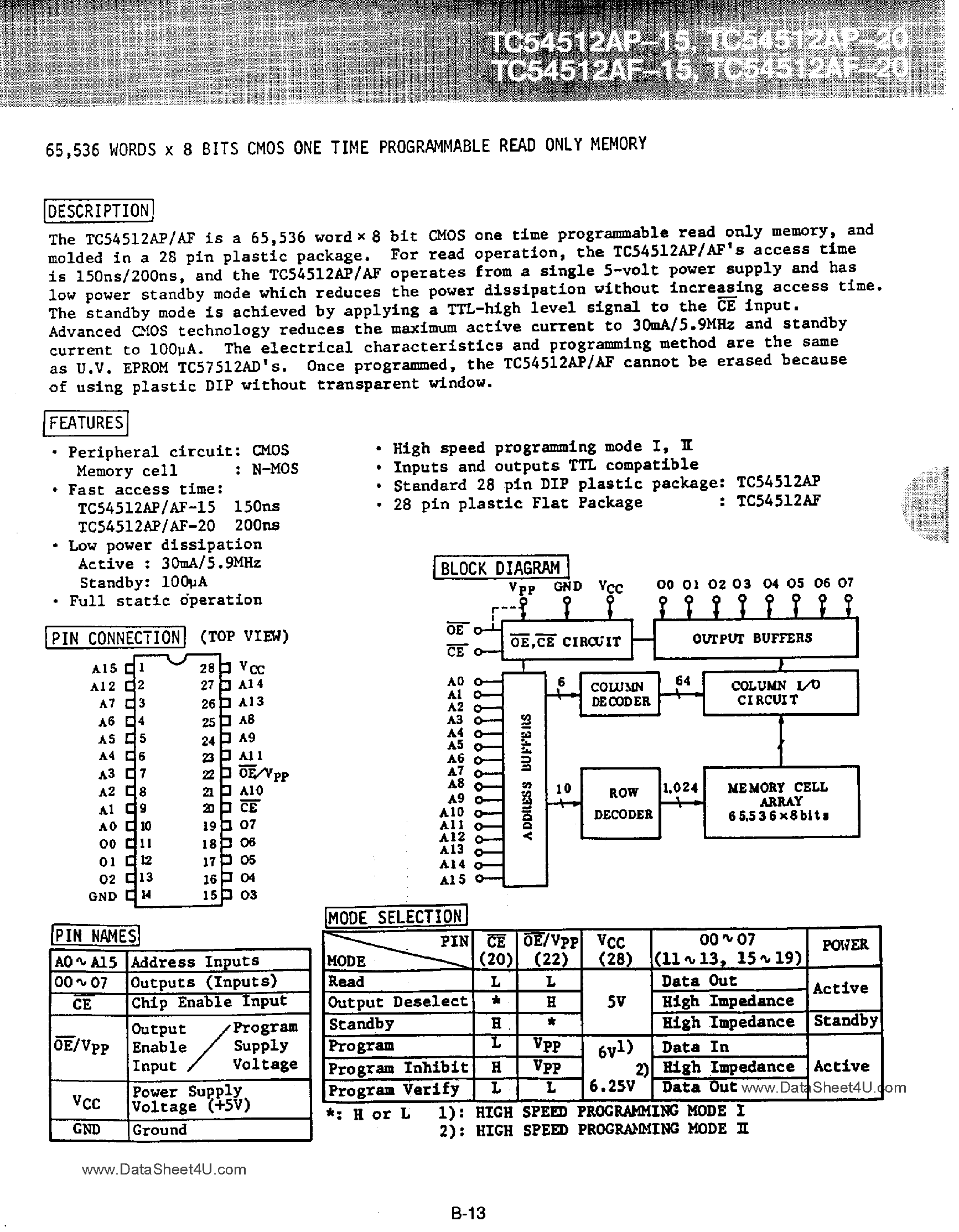 Даташит TC54512 - 8-Bit CMOS Time Programmable ROM страница 1