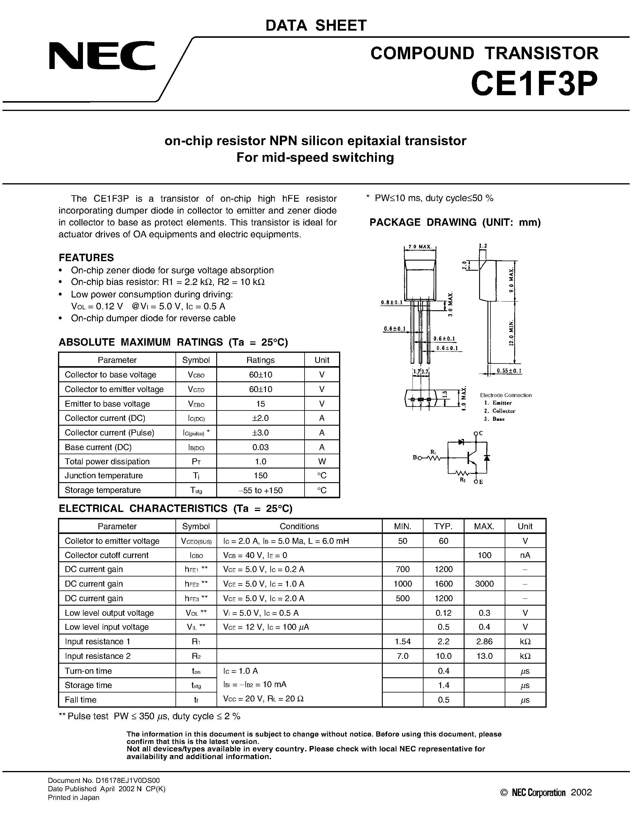 Даташит на микросхему CE1F3P страница 1 Даташит CE1F3P - on-chip resistor NPN silicon epitaxial transistor For mid-speed switching страница 1