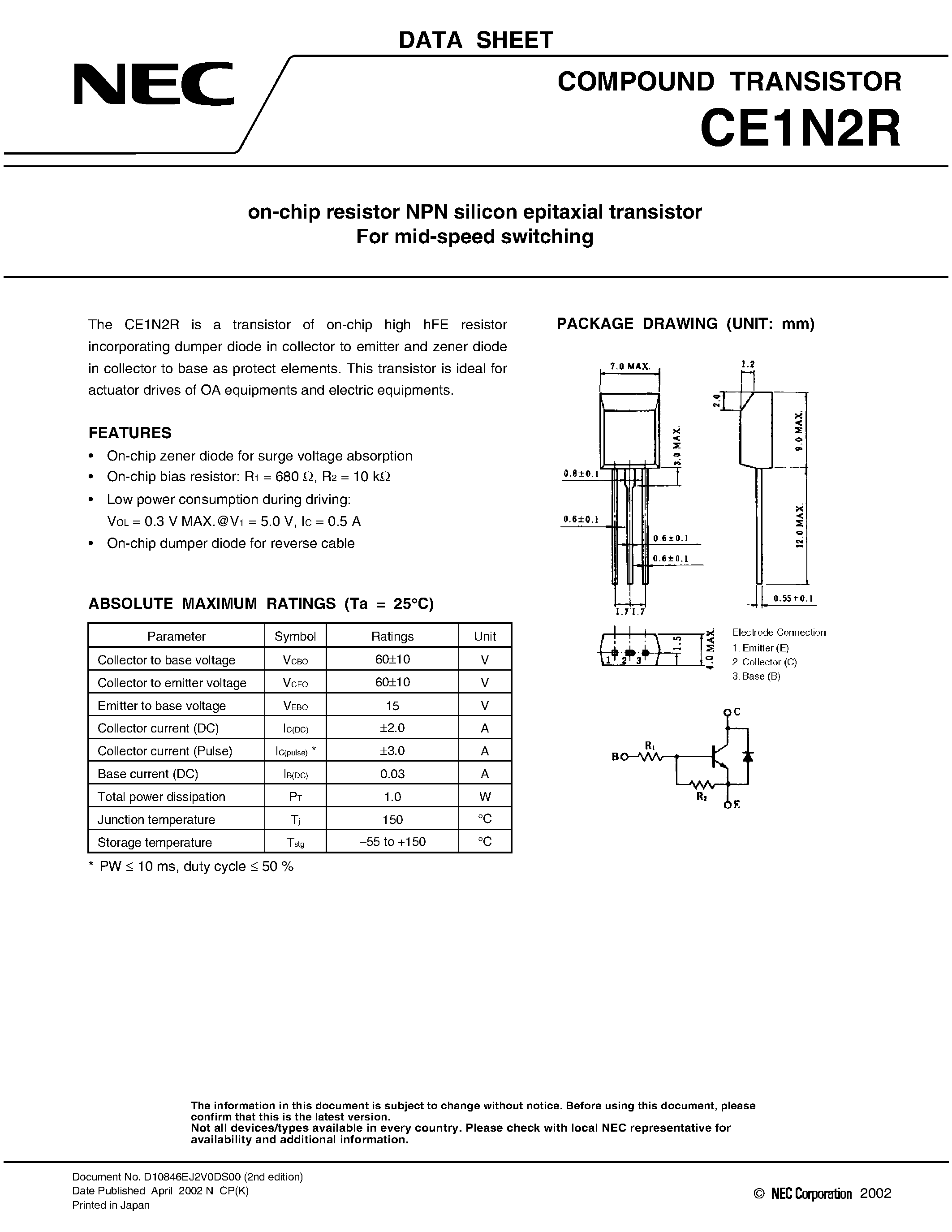 Даташит на микросхему CE1N2R страница 1 Даташит CE1N2R - on-chip resistor NPN silicon epitaxial transistor For mid-speed switching страница 1