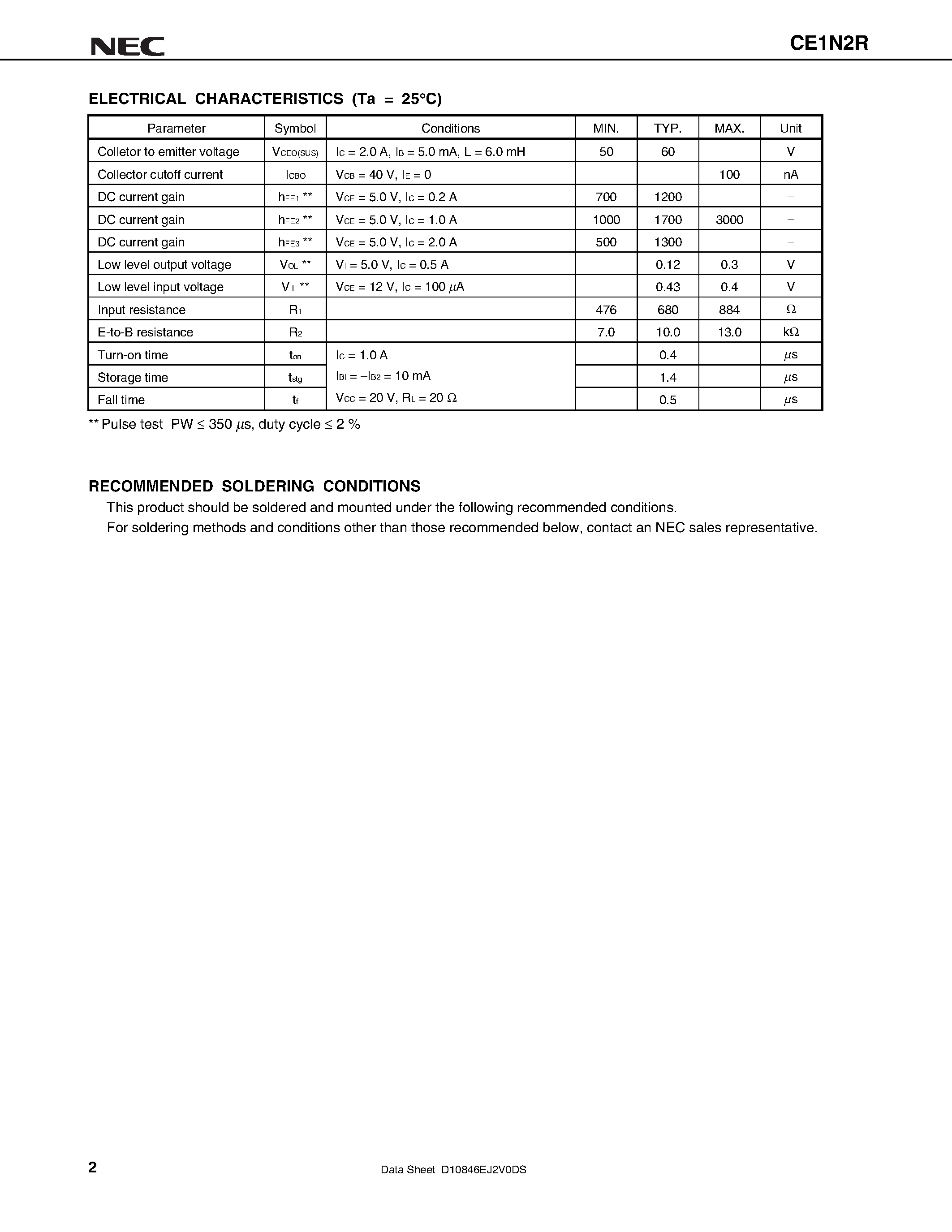 Даташит на микросхему CE1N2R страница 2 Даташит CE1N2R - on-chip resistor NPN silicon epitaxial transistor For mid-speed switching страница 2